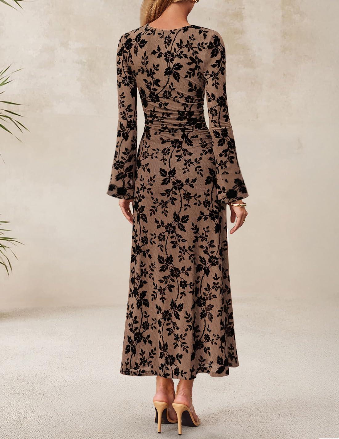imageZESICA Womens Long Sleeve Floral Bodycon Dress 2026 Spring Fall Ruched Mesh Wedding Guest Cocktail Party Maxi DressesKhaki