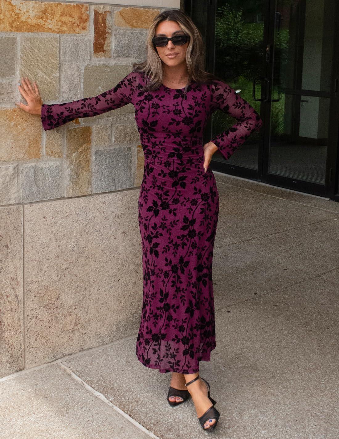 imageZESICA Womens Long Sleeve Floral Bodycon Dress 2026 Spring Fall Ruched Mesh Wedding Guest Cocktail Party Maxi DressesMauve