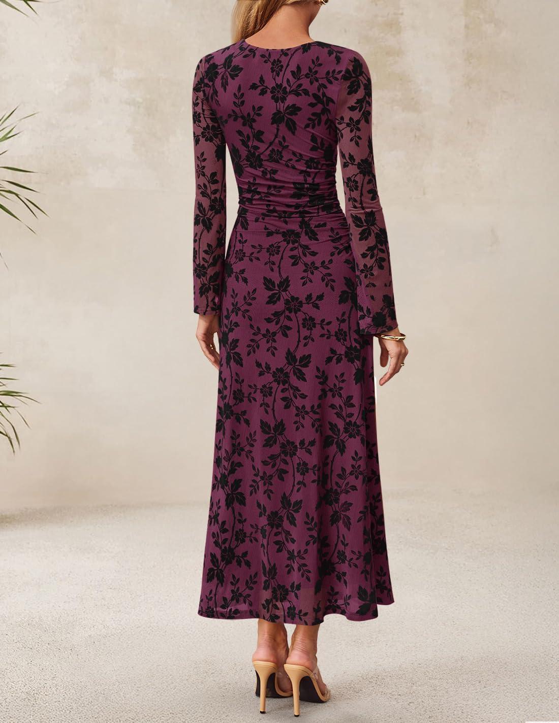 imageZESICA Womens Long Sleeve Floral Bodycon Dress 2026 Spring Fall Ruched Mesh Wedding Guest Cocktail Party Maxi DressesMauve