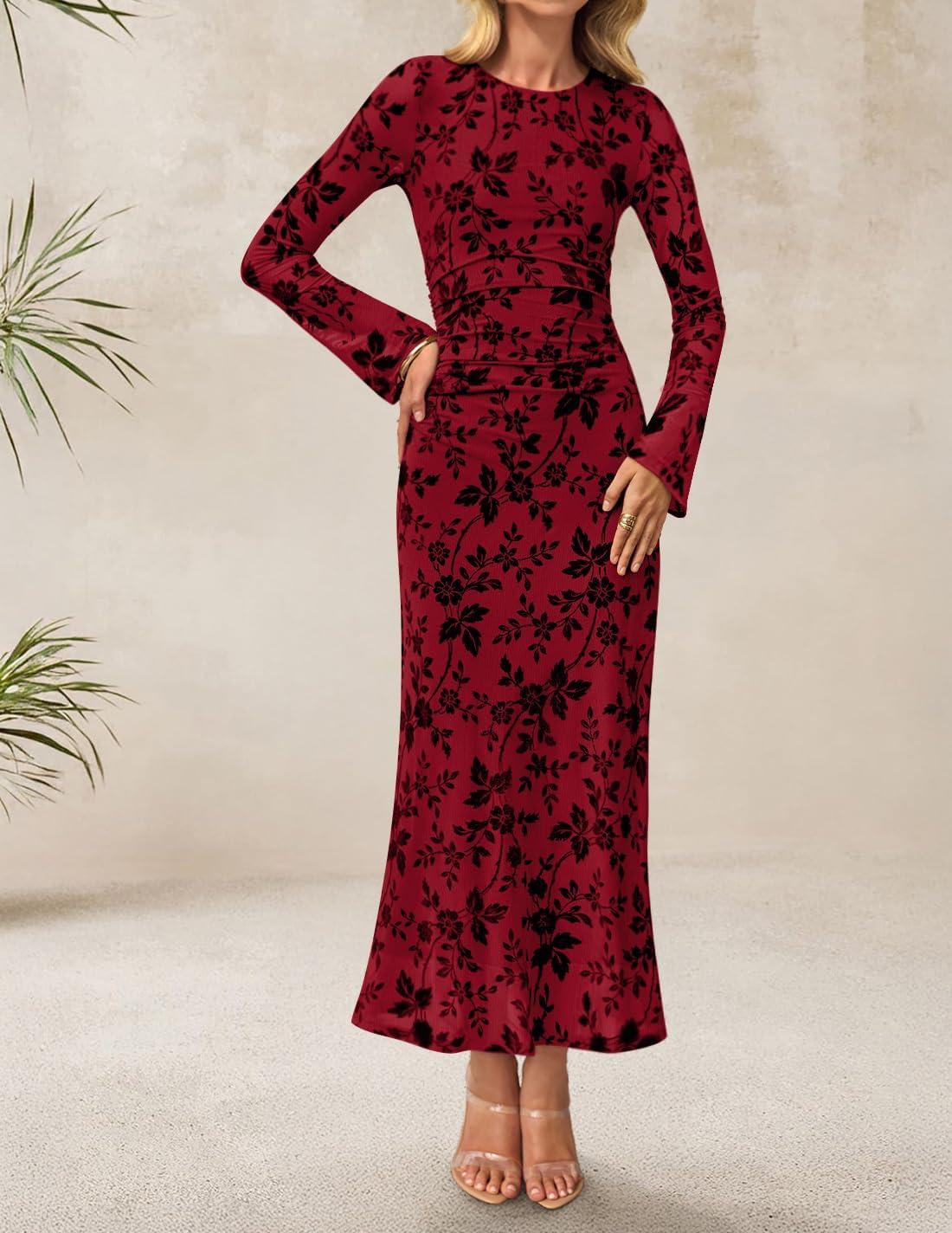 imageZESICA Womens Long Sleeve Floral Bodycon Dress 2026 Spring Fall Ruched Mesh Wedding Guest Cocktail Party Maxi DressesRed
