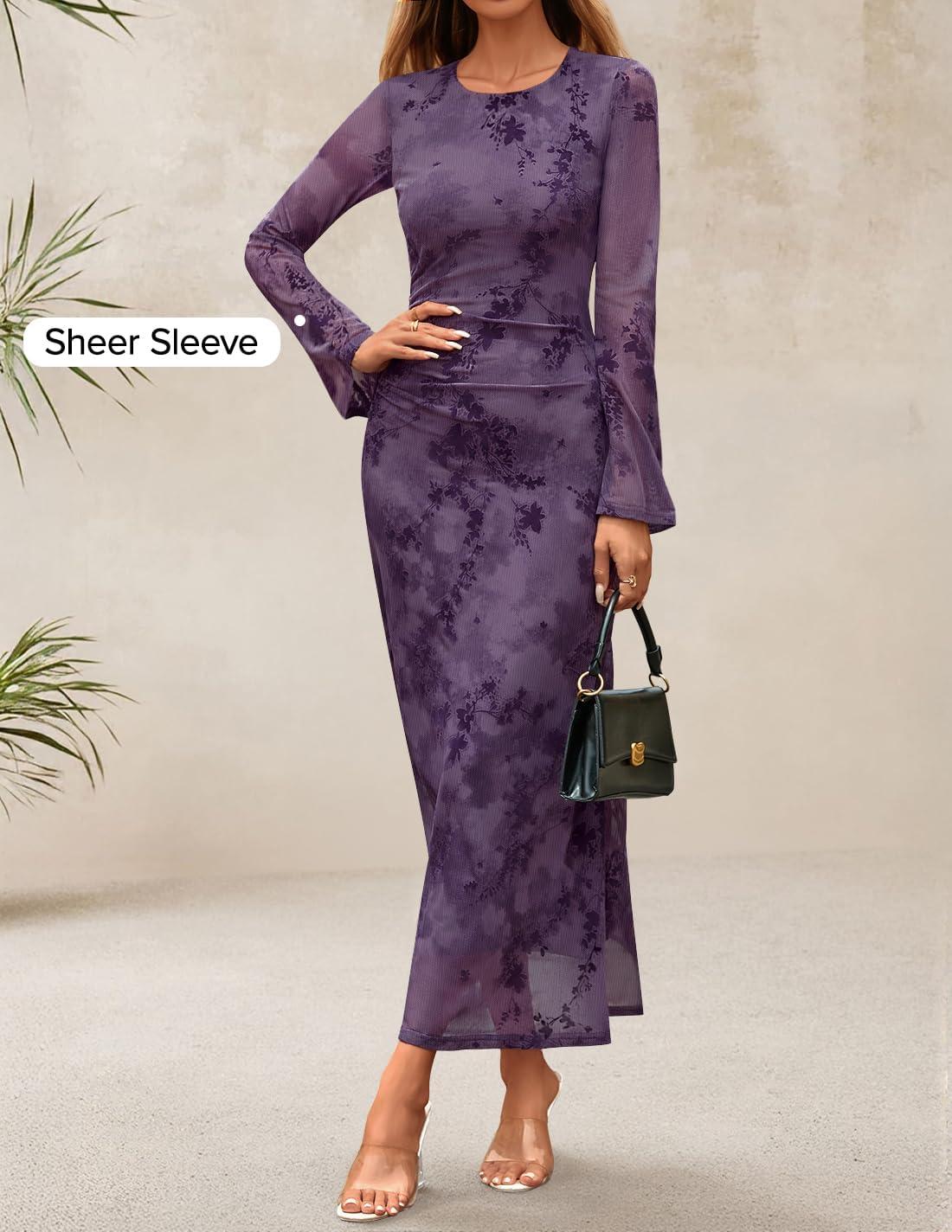 imageZESICA Womens Long Sleeve Floral Bodycon Dress 2026 Spring Fall Ruched Mesh Wedding Guest Cocktail Party Maxi DressesTie Dye Purple