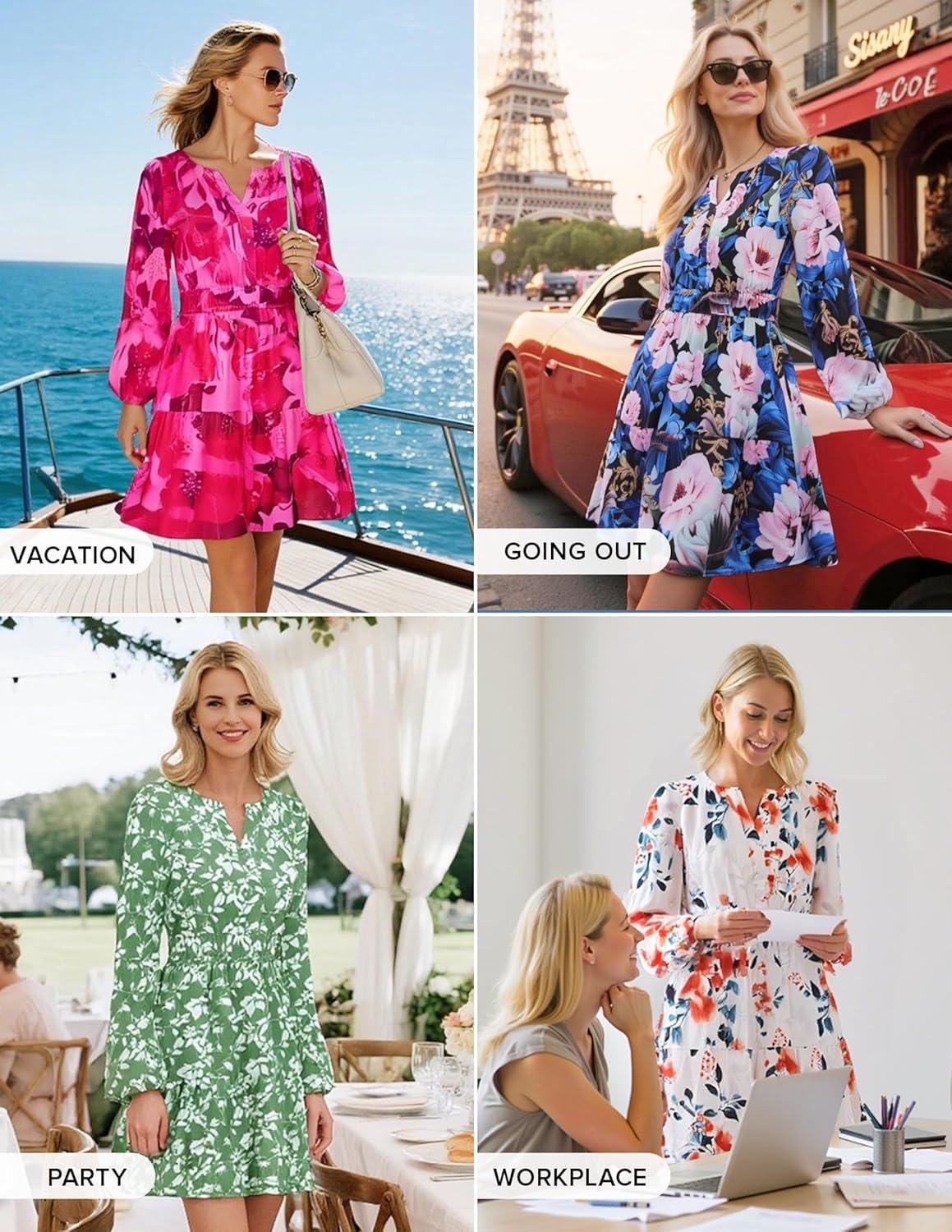 imageZESICA Womens Spring Long Sleeve Floral Mini Dress 2026 Summer Boho V Neck ALine Flowy Dresses Beach Vacation ClothesIvory