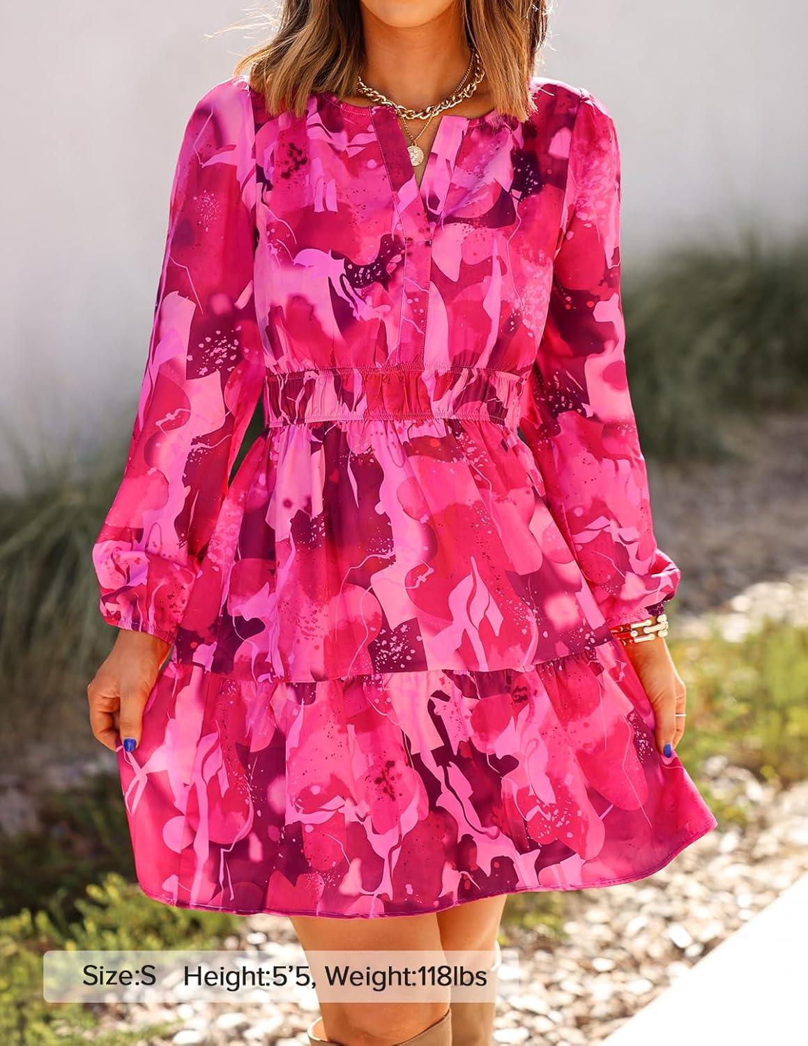 imageZESICA Womens Spring Long Sleeve Floral Mini Dress 2026 Summer Boho V Neck ALine Flowy Dresses Beach Vacation ClothesRose