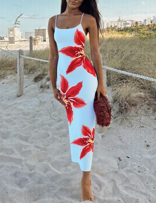 imageZESICA Womens Summer Bodycon Maxi Dresses 2026 Floral Spaghetti Strap Square Neck Sleeveless Boho Beach Long DressesLight Blue