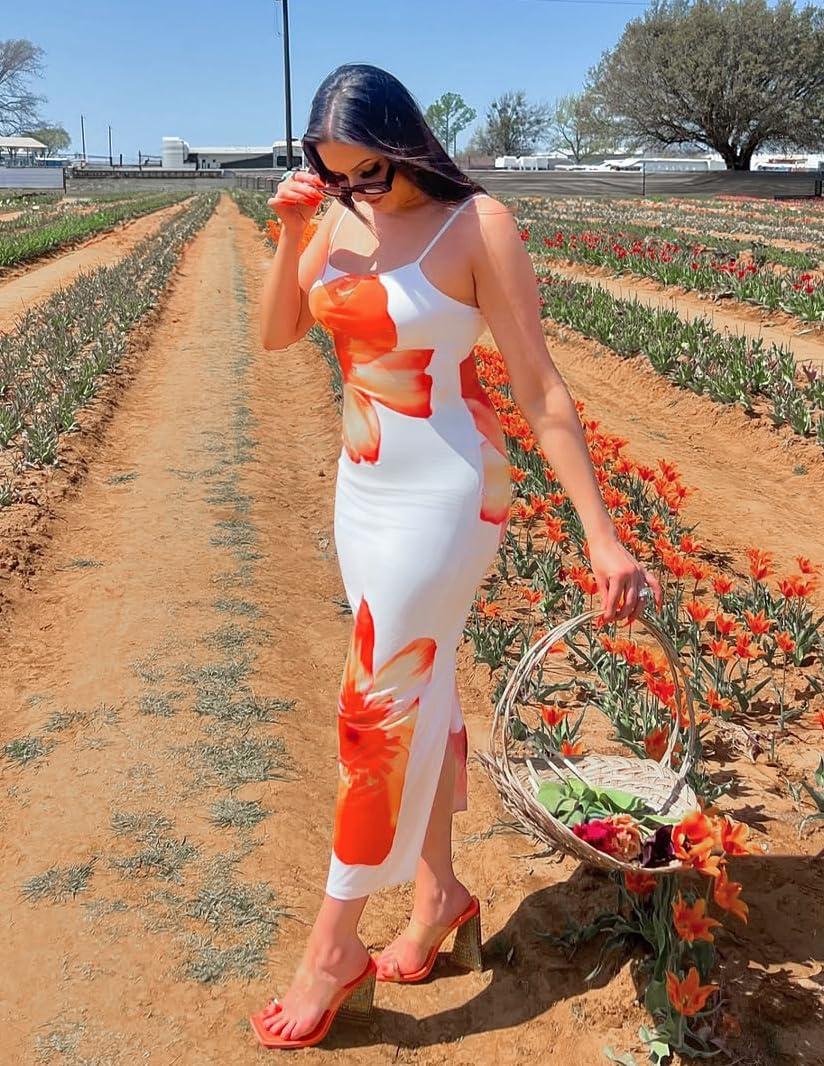 imageZESICA Womens Summer Bodycon Maxi Dresses 2026 Floral Spaghetti Strap Square Neck Sleeveless Boho Beach Long DressesOrange
