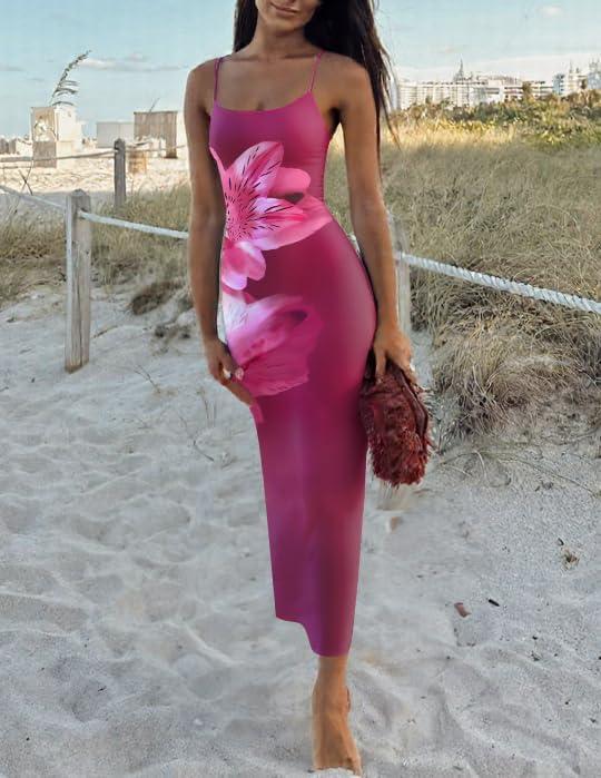 imageZESICA Womens Summer Bodycon Maxi Dresses 2026 Floral Spaghetti Strap Square Neck Sleeveless Boho Beach Long DressesPurple Red