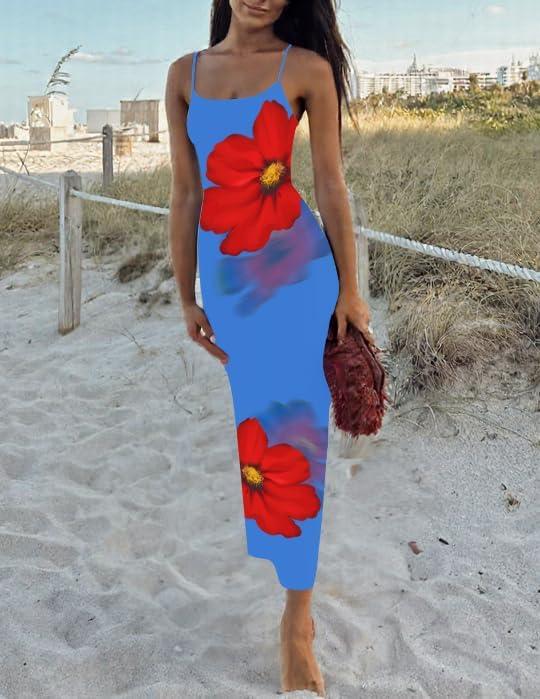 imageZESICA Womens Summer Bodycon Maxi Dresses 2026 Floral Spaghetti Strap Square Neck Sleeveless Boho Beach Long DressesRoyalblue