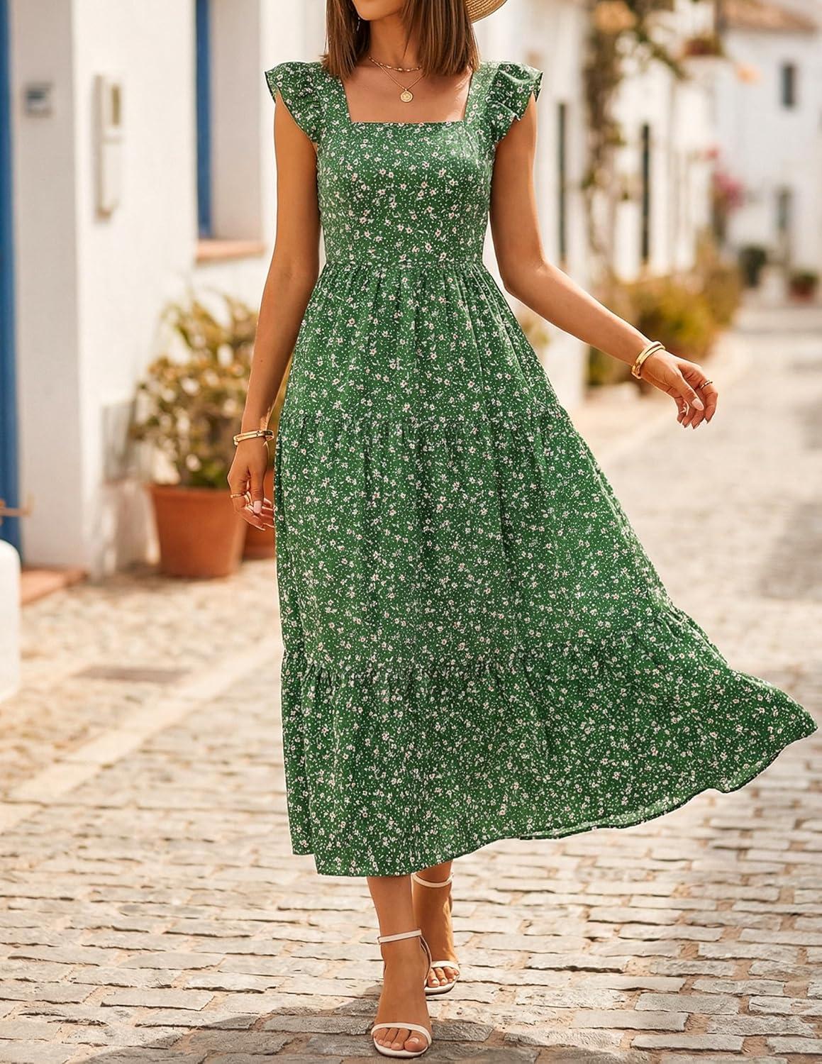 imageZESICA Womens Summer Boho Floral Midi Dress 2026 Casual Ruffle Cap Sleeve Beach Wedding Guest Flowy Tiered Long DressesGrassgreen
