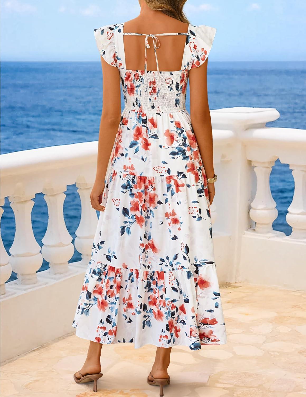imageZESICA Womens Summer Boho Floral Midi Dress 2026 Casual Ruffle Cap Sleeve Beach Wedding Guest Flowy Tiered Long DressesIvory