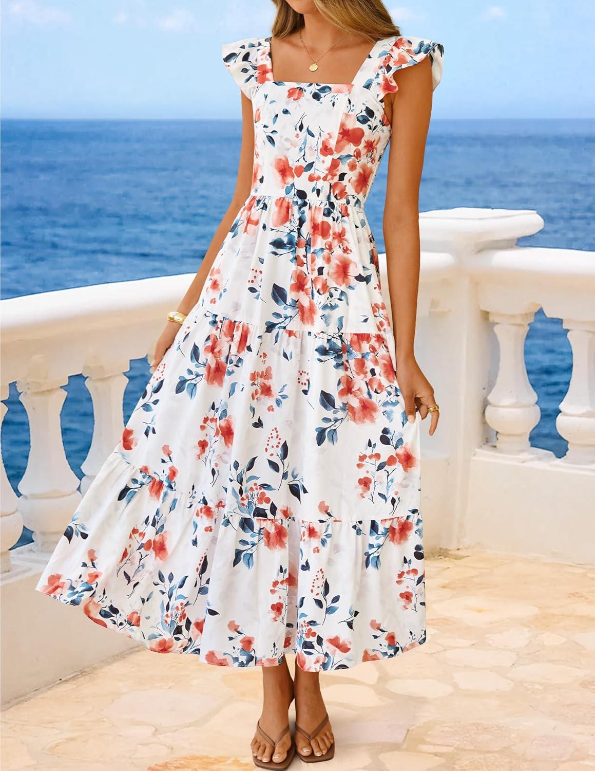 imageZESICA Womens Summer Boho Floral Midi Dress 2026 Casual Ruffle Cap Sleeve Beach Wedding Guest Flowy Tiered Long DressesIvory