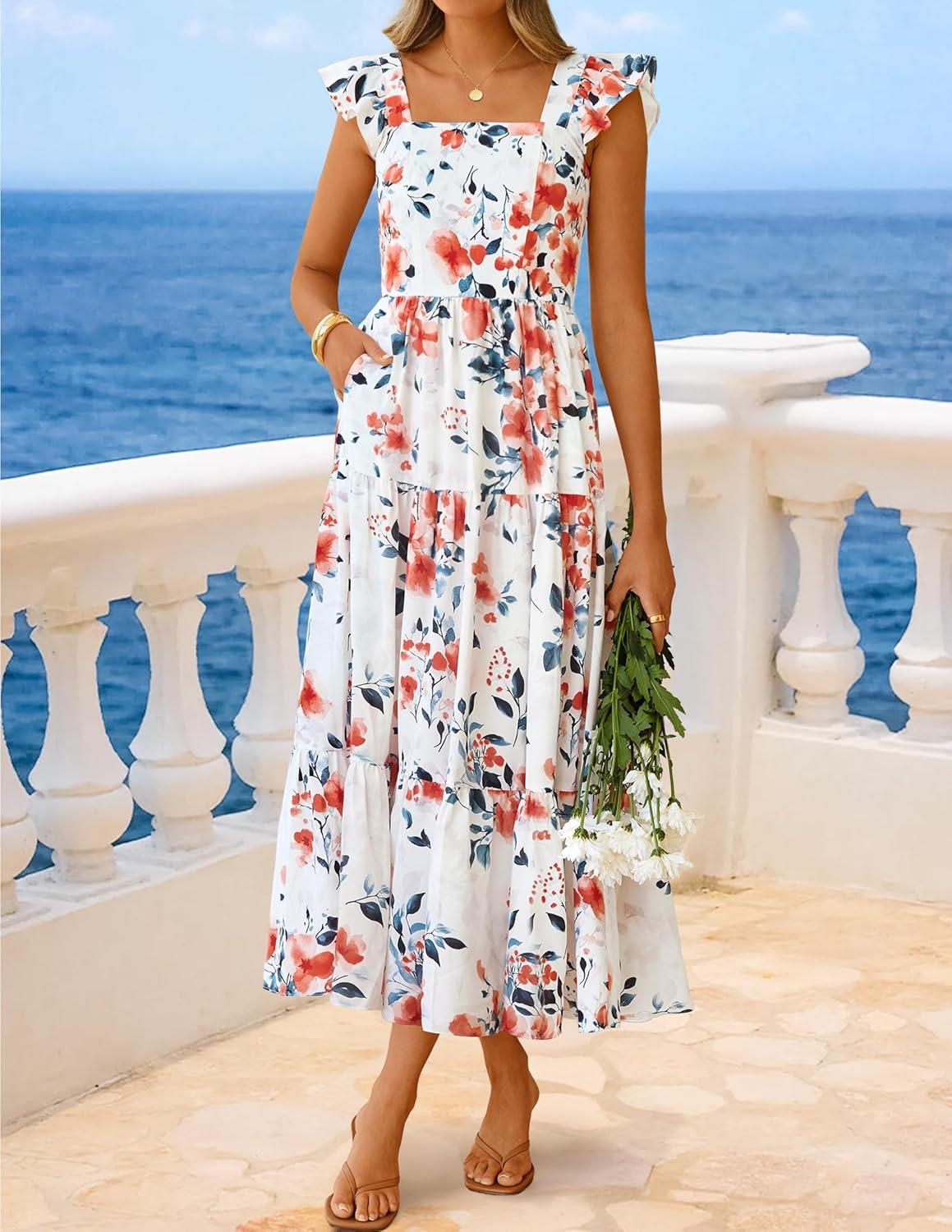 imageZESICA Womens Summer Boho Floral Midi Dress 2026 Casual Ruffle Cap Sleeve Beach Wedding Guest Flowy Tiered Long DressesIvory