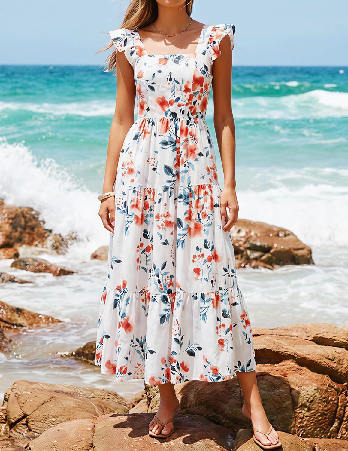 imageZESICA Womens Summer Boho Floral Midi Dress 2026 Casual Ruffle Cap Sleeve Beach Wedding Guest Flowy Tiered Long DressesIvory