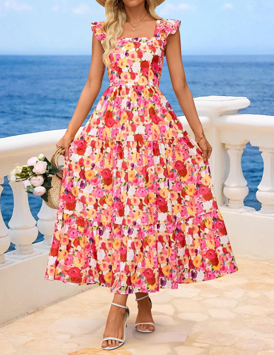 imageZESICA Womens Summer Boho Floral Midi Dress 2026 Casual Ruffle Cap Sleeve Beach Wedding Guest Flowy Tiered Long DressesOrangered