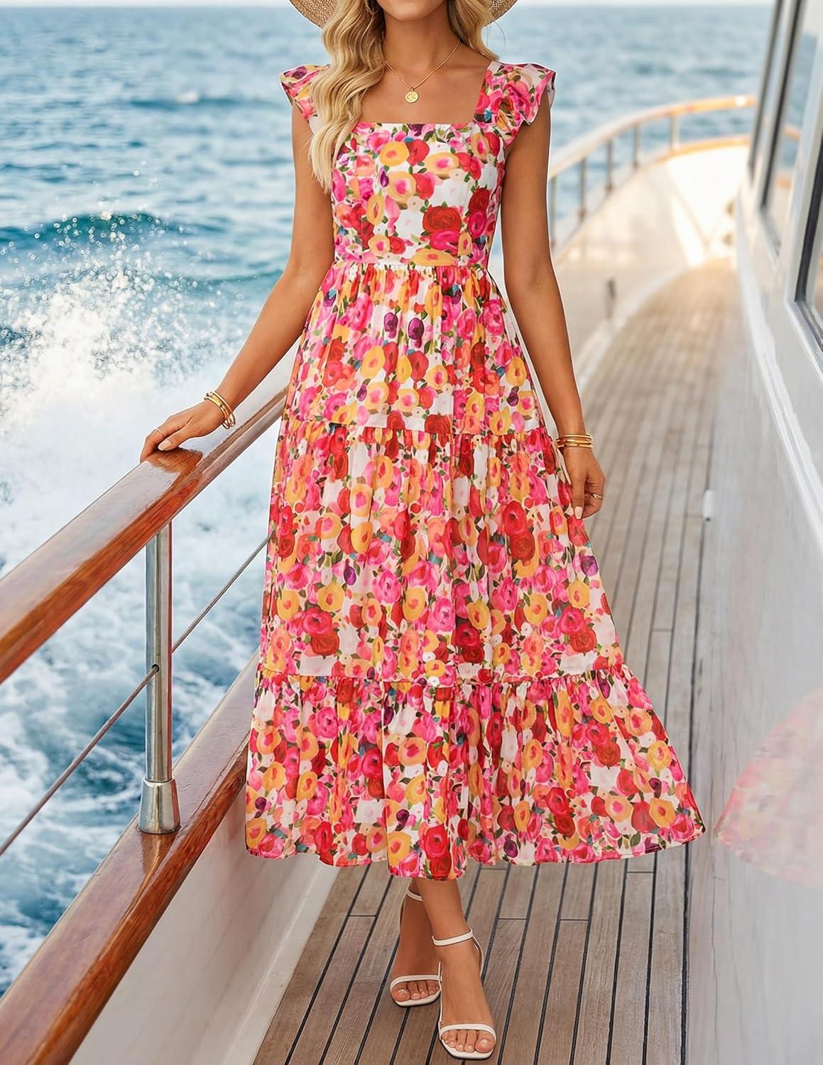 imageZESICA Womens Summer Boho Floral Midi Dress 2026 Casual Ruffle Cap Sleeve Beach Wedding Guest Flowy Tiered Long DressesOrangered