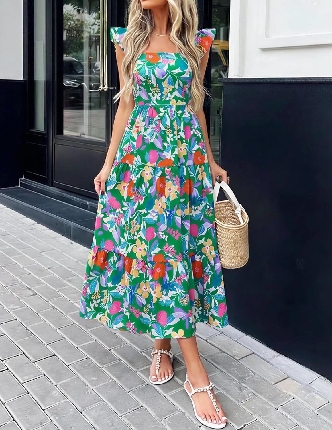 imageZESICA Womens Summer Boho Floral Midi Dress 2026 Casual Ruffle Cap Sleeve Beach Wedding Guest Flowy Tiered Long DressesTurquoise