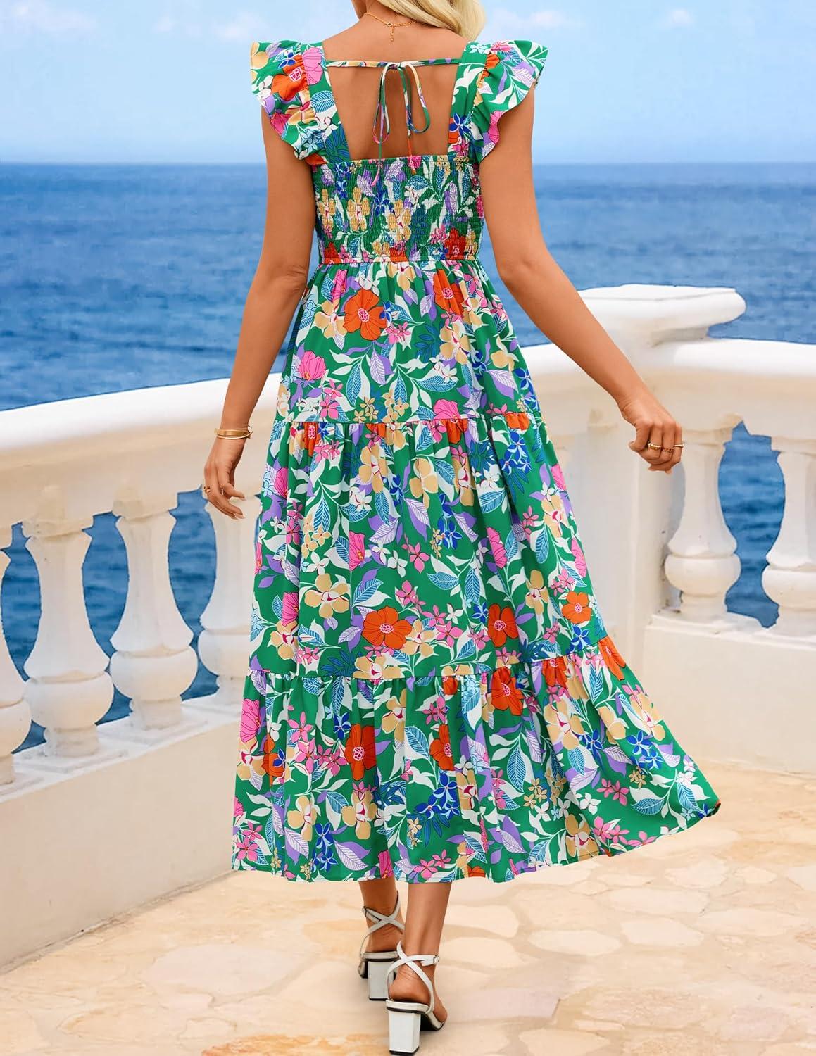 imageZESICA Womens Summer Boho Floral Midi Dress 2026 Casual Ruffle Cap Sleeve Beach Wedding Guest Flowy Tiered Long DressesTurquoise