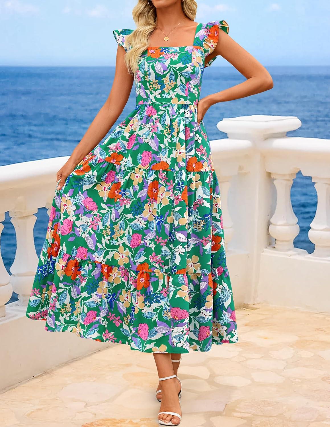 imageZESICA Womens Summer Boho Floral Midi Dress 2026 Casual Ruffle Cap Sleeve Beach Wedding Guest Flowy Tiered Long DressesTurquoise