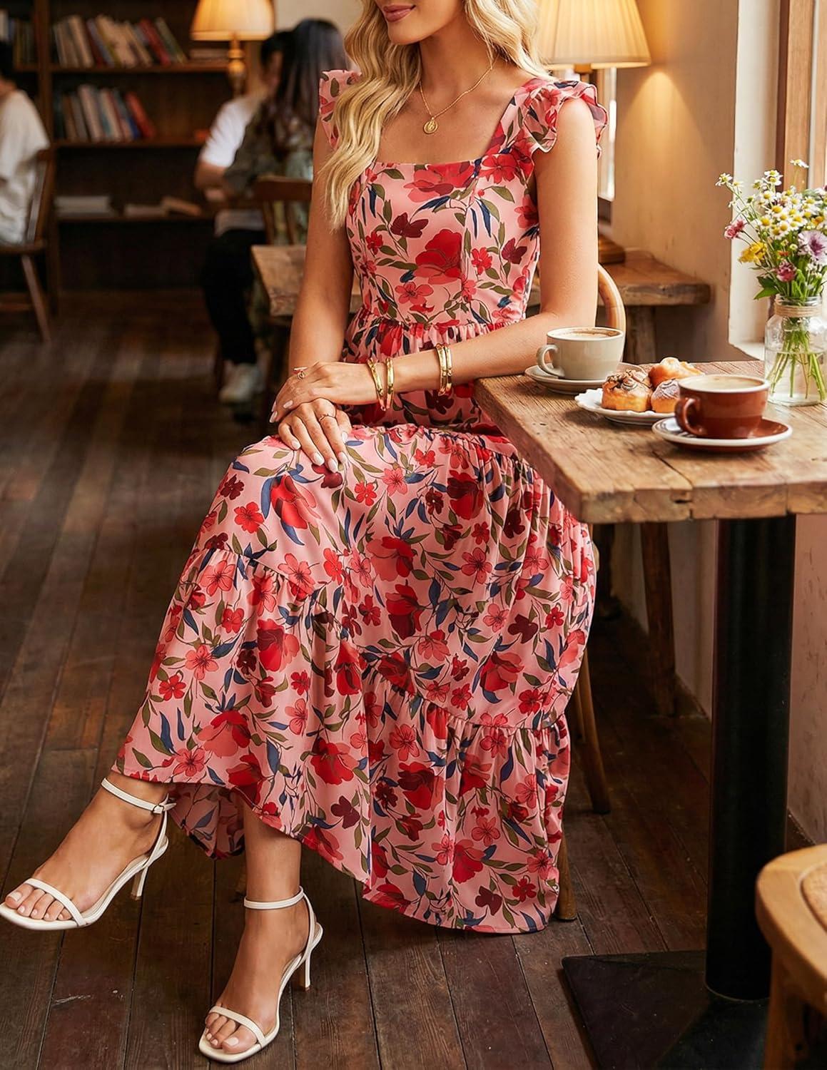 imageZESICA Womens Summer Boho Floral Midi Dress 2026 Casual Ruffle Cap Sleeve Beach Wedding Guest Flowy Tiered Long DressesVintagepink