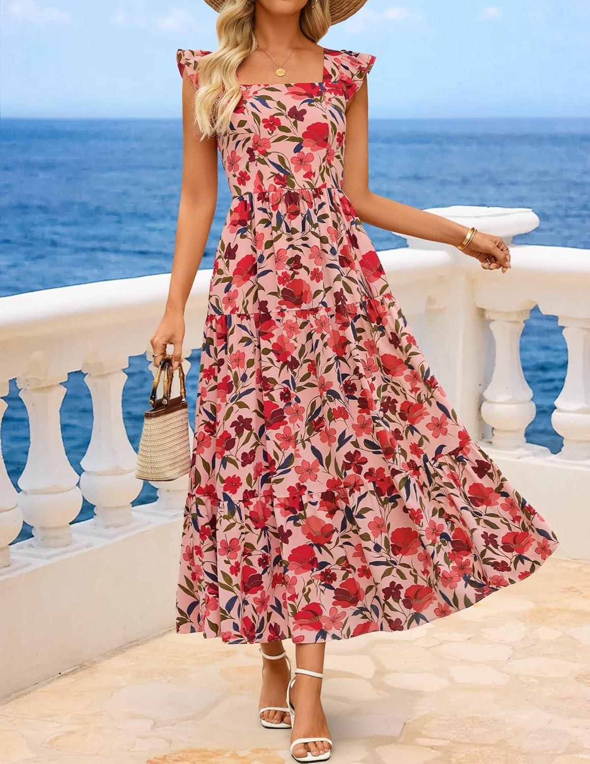 imageZESICA Womens Summer Boho Floral Midi Dress 2026 Casual Ruffle Cap Sleeve Beach Wedding Guest Flowy Tiered Long DressesVintagepink