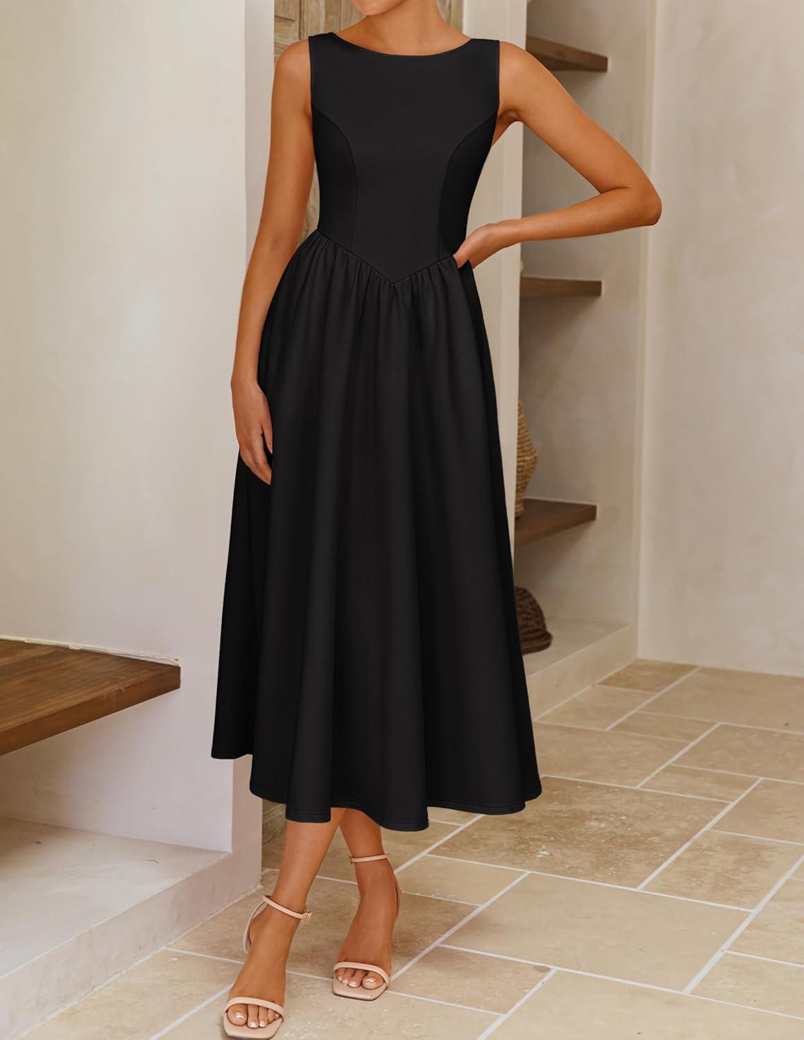 imageZESICA Womens Summer Elegant Sleeveless Midi Dresses 2026 Wedding Guest Cocktail Party Crewnenck Flowy A Line Long DressBlack