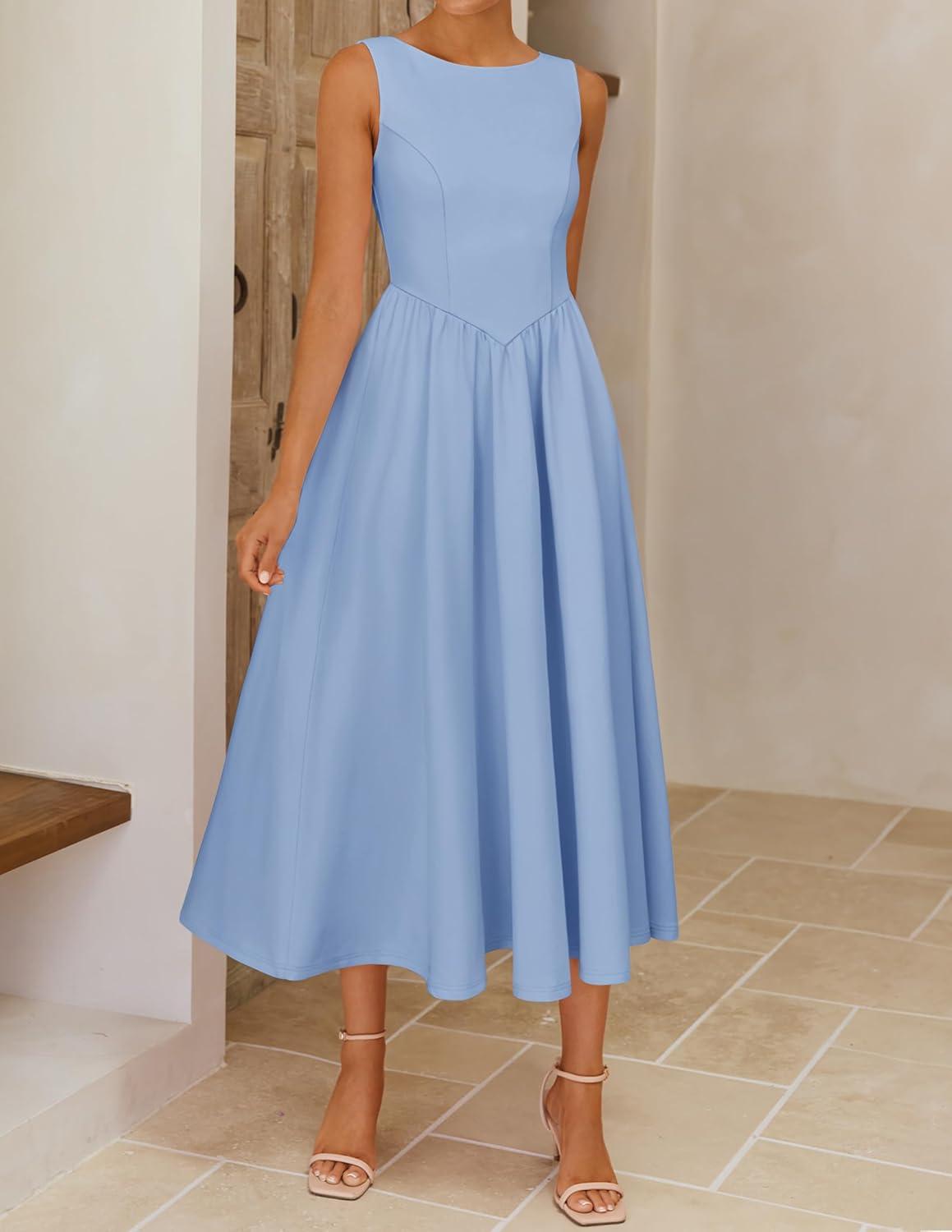 imageZESICA Womens Summer Elegant Sleeveless Midi Dresses 2026 Wedding Guest Cocktail Party Crewnenck Flowy A Line Long DressBlue