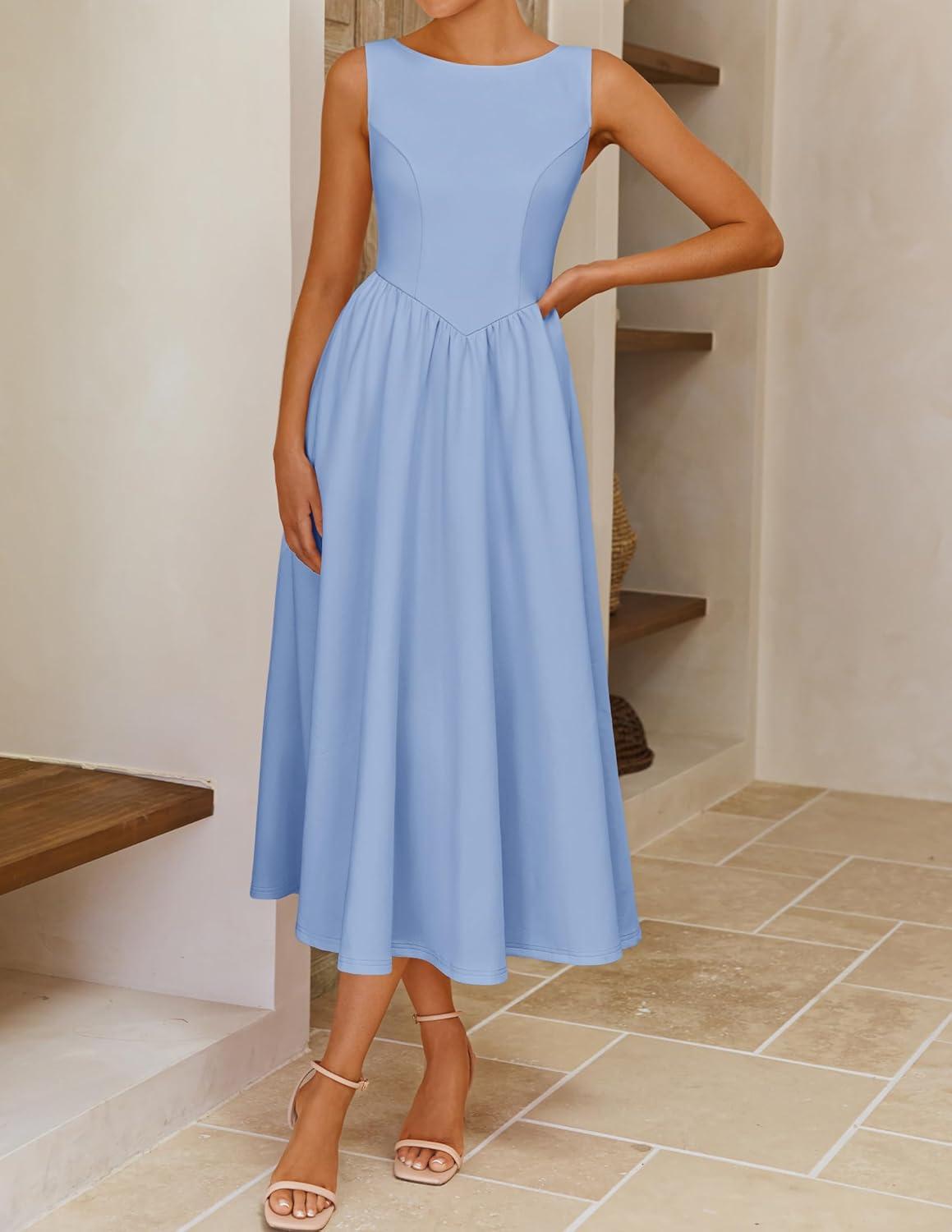 imageZESICA Womens Summer Elegant Sleeveless Midi Dresses 2026 Wedding Guest Cocktail Party Crewnenck Flowy A Line Long DressBlue