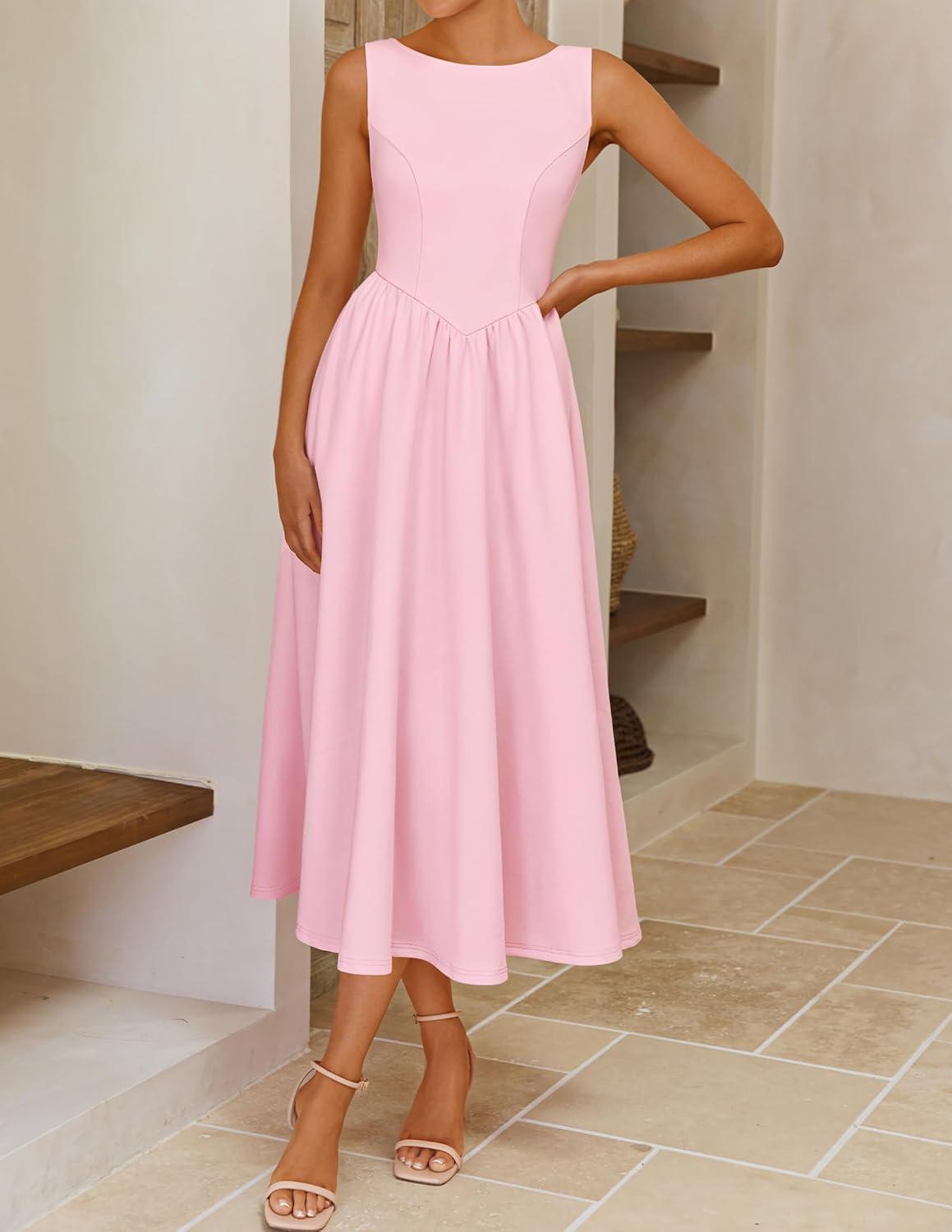 imageZESICA Womens Summer Elegant Sleeveless Midi Dresses 2026 Wedding Guest Cocktail Party Crewnenck Flowy A Line Long DressPink