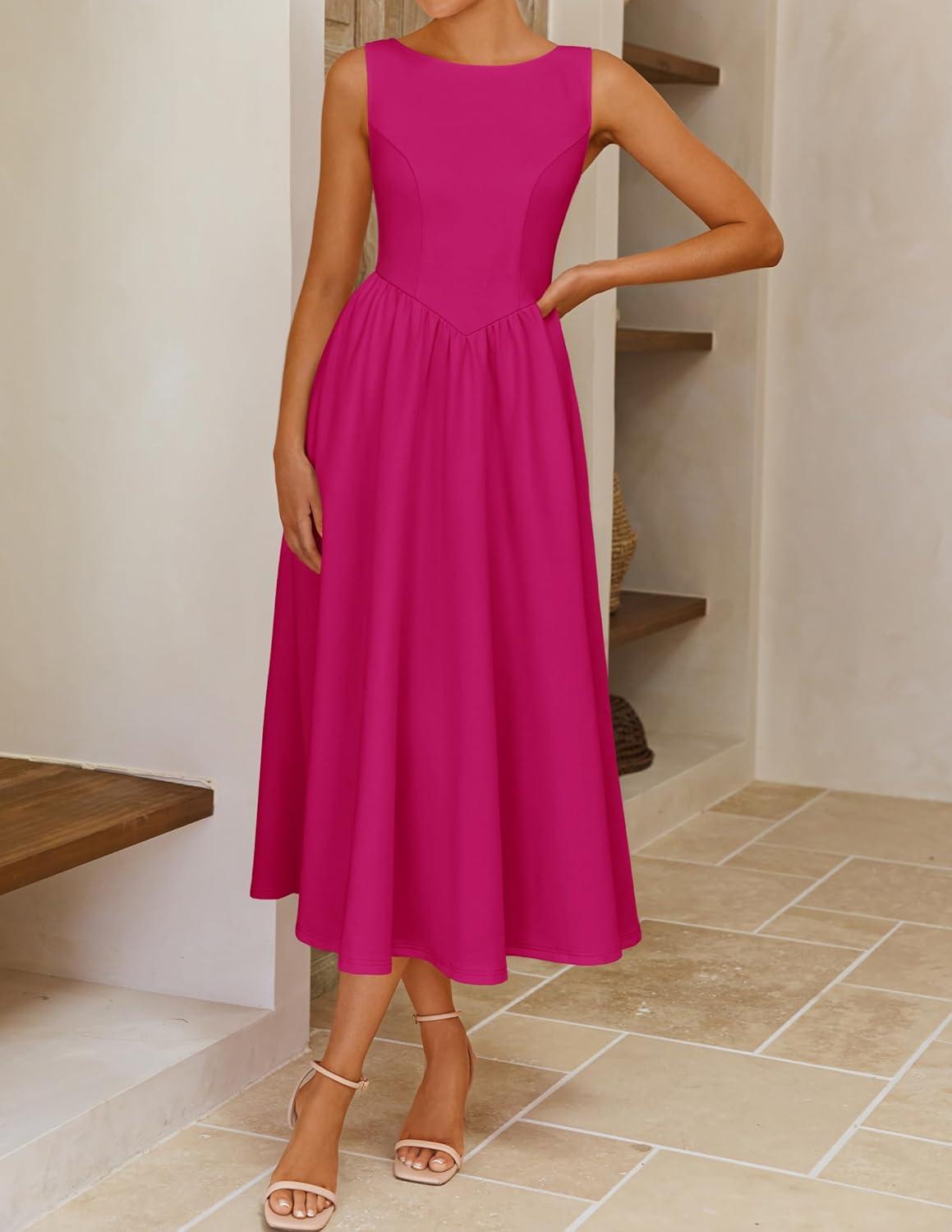 imageZESICA Womens Summer Elegant Sleeveless Midi Dresses 2026 Wedding Guest Cocktail Party Crewnenck Flowy A Line Long DressRose