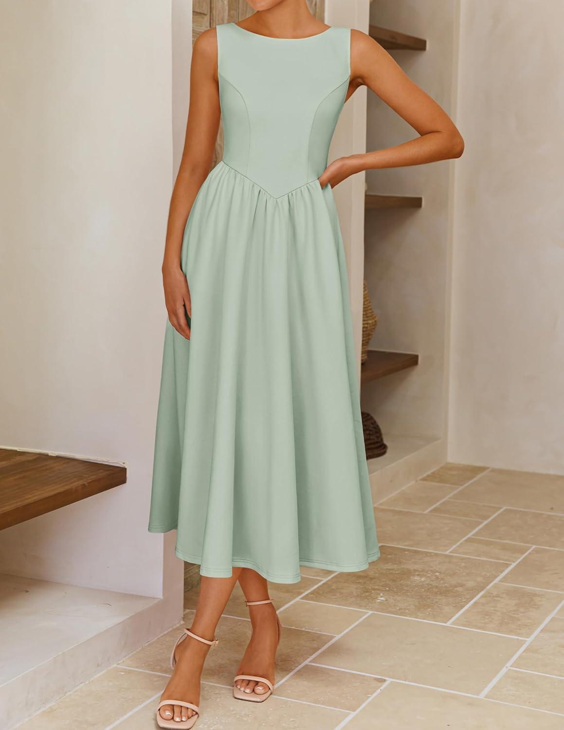 imageZESICA Womens Summer Elegant Sleeveless Midi Dresses 2026 Wedding Guest Cocktail Party Crewnenck Flowy A Line Long DressSage