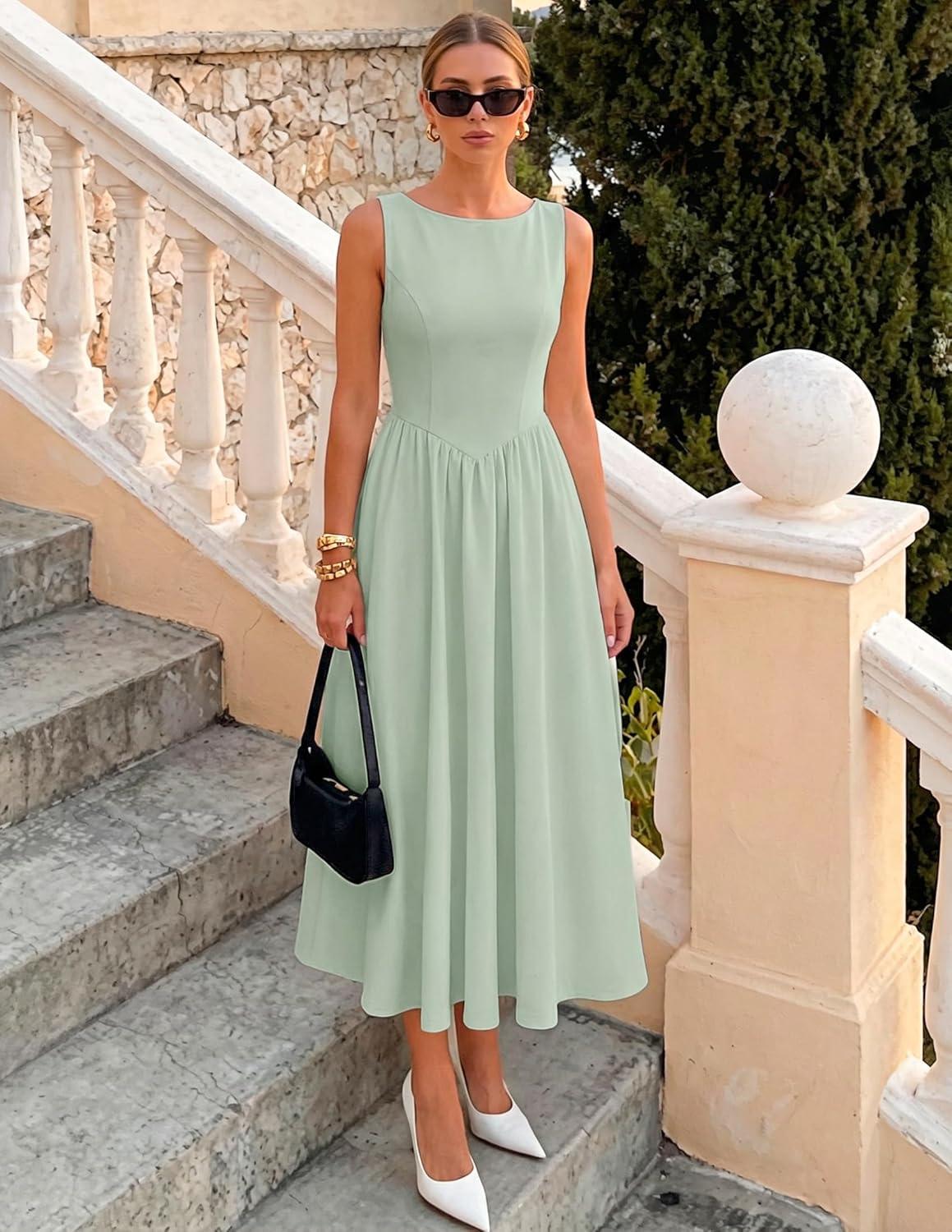imageZESICA Womens Summer Elegant Sleeveless Midi Dresses 2026 Wedding Guest Cocktail Party Crewnenck Flowy A Line Long DressSage