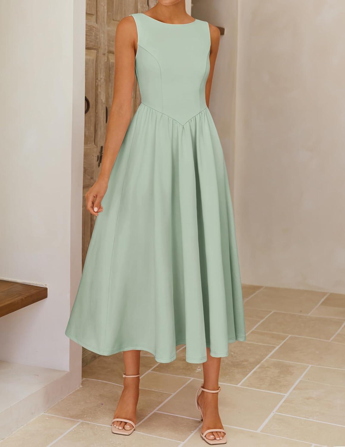 imageZESICA Womens Summer Elegant Sleeveless Midi Dresses 2026 Wedding Guest Cocktail Party Crewnenck Flowy A Line Long DressSage