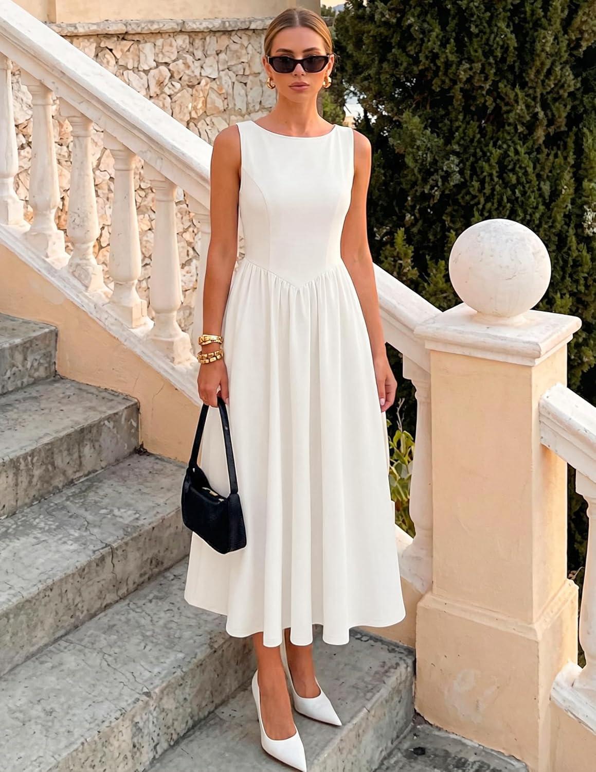 imageZESICA Womens Summer Elegant Sleeveless Midi Dresses 2026 Wedding Guest Cocktail Party Crewnenck Flowy A Line Long DressWhite