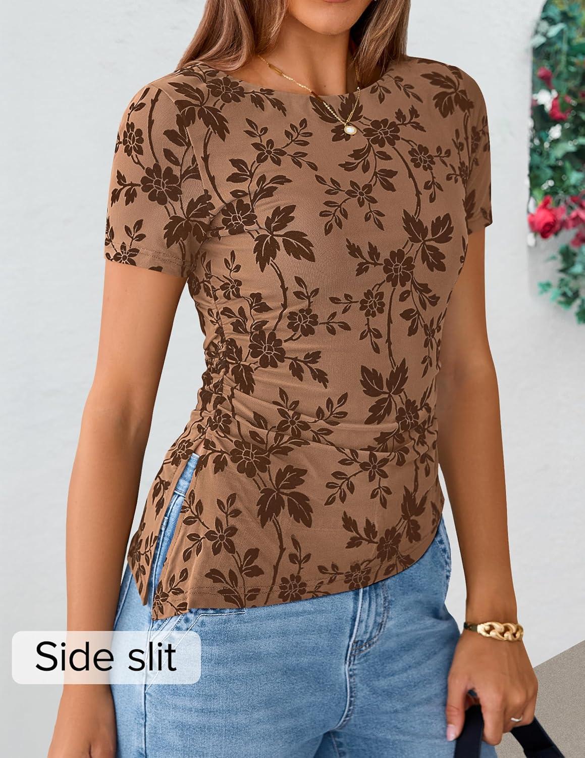 imageZESICA Womens Summer Floral Short Sleeve Tops 2026 Mesh Crewneck Asymmetrical Ruched Fitted Going Out Shirts Y2K ClothesKhaki