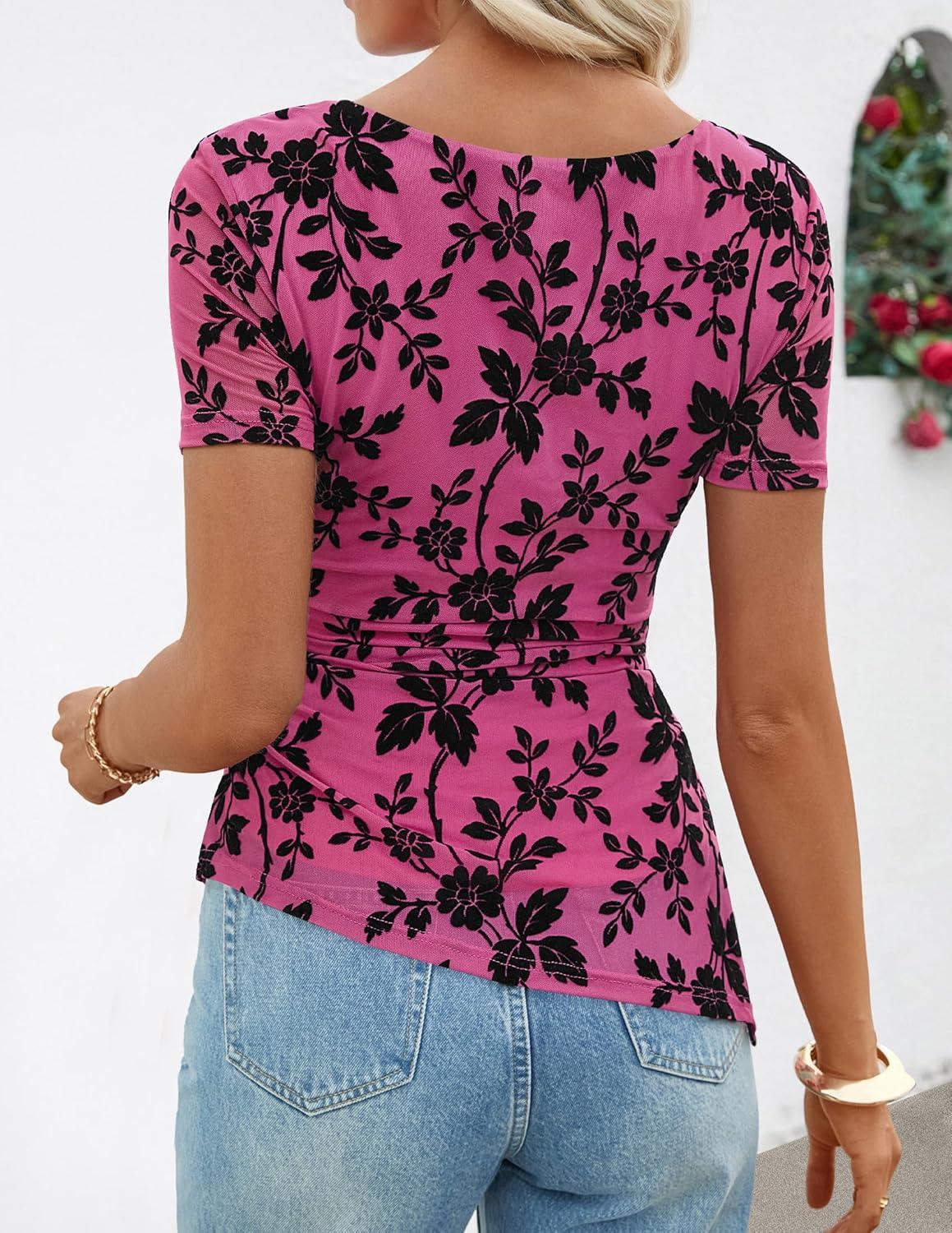imageZESICA Womens Summer Floral Short Sleeve Tops 2026 Mesh Crewneck Asymmetrical Ruched Fitted Going Out Shirts Y2K ClothesRose