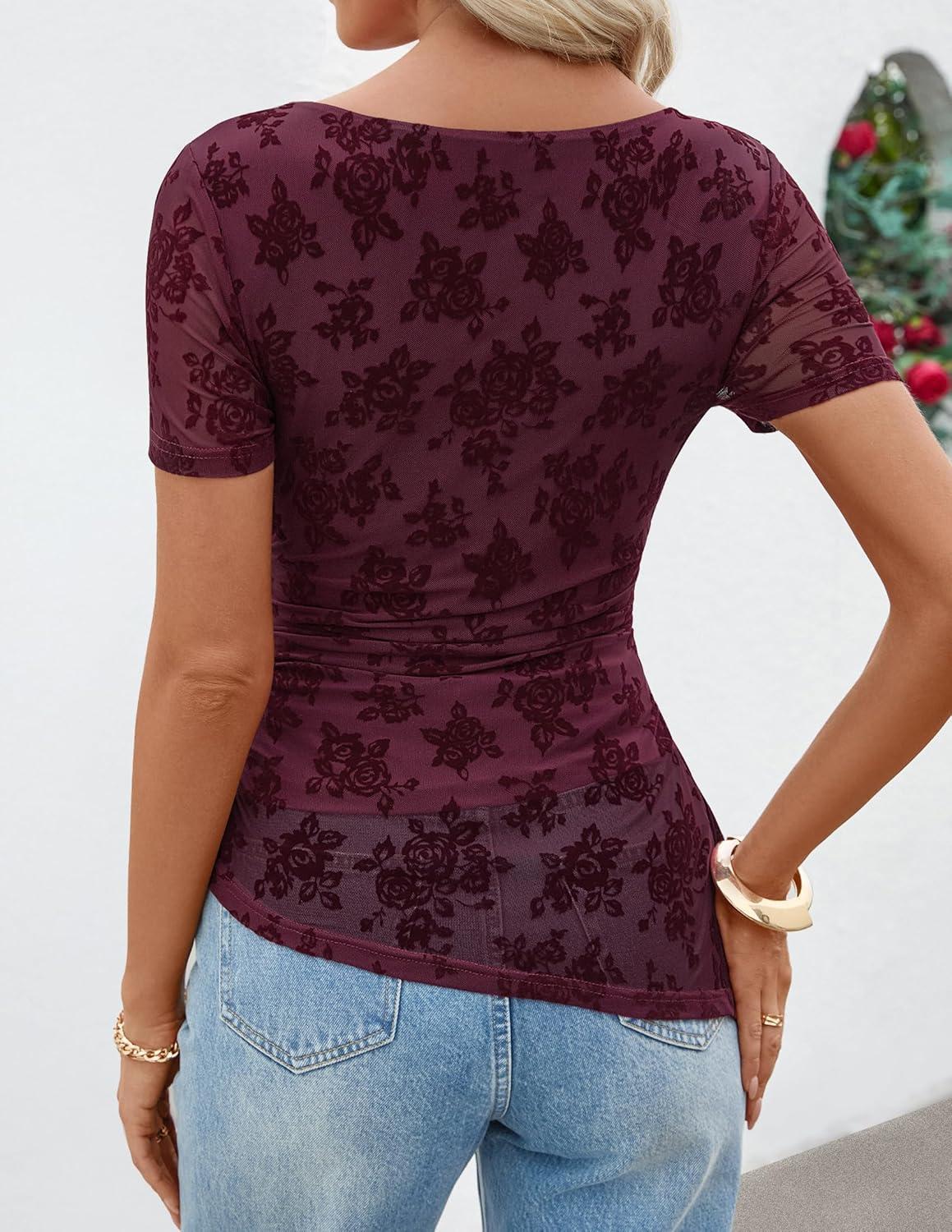 imageZESICA Womens Summer Floral Short Sleeve Tops 2026 Mesh Crewneck Asymmetrical Ruched Fitted Going Out Shirts Y2K ClothesWine