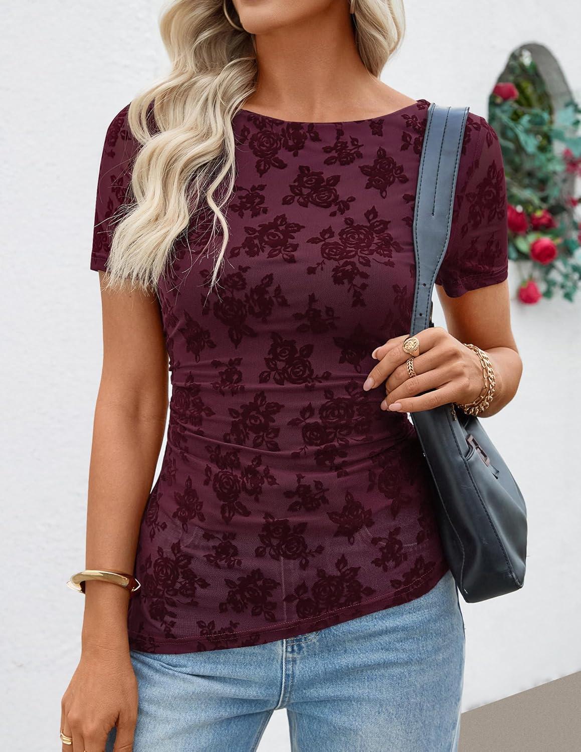 imageZESICA Womens Summer Floral Short Sleeve Tops 2026 Mesh Crewneck Asymmetrical Ruched Fitted Going Out Shirts Y2K ClothesWine