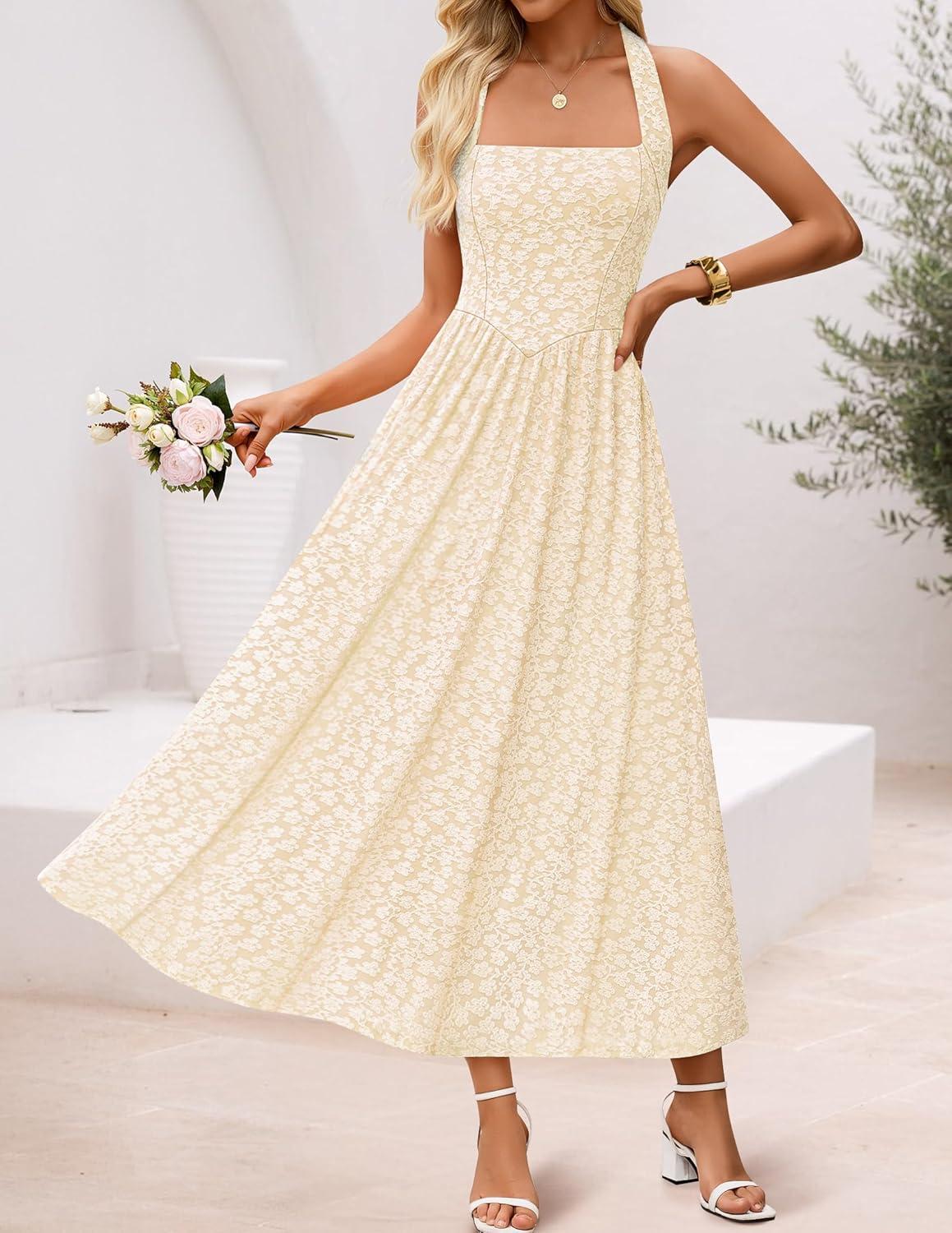 imageZESICA Womens Summer Sleeveless Floral Maxi Dresses 2026 Halter Neck Wedding Guest Cocktail Party Flowy A Line Long DressApricot