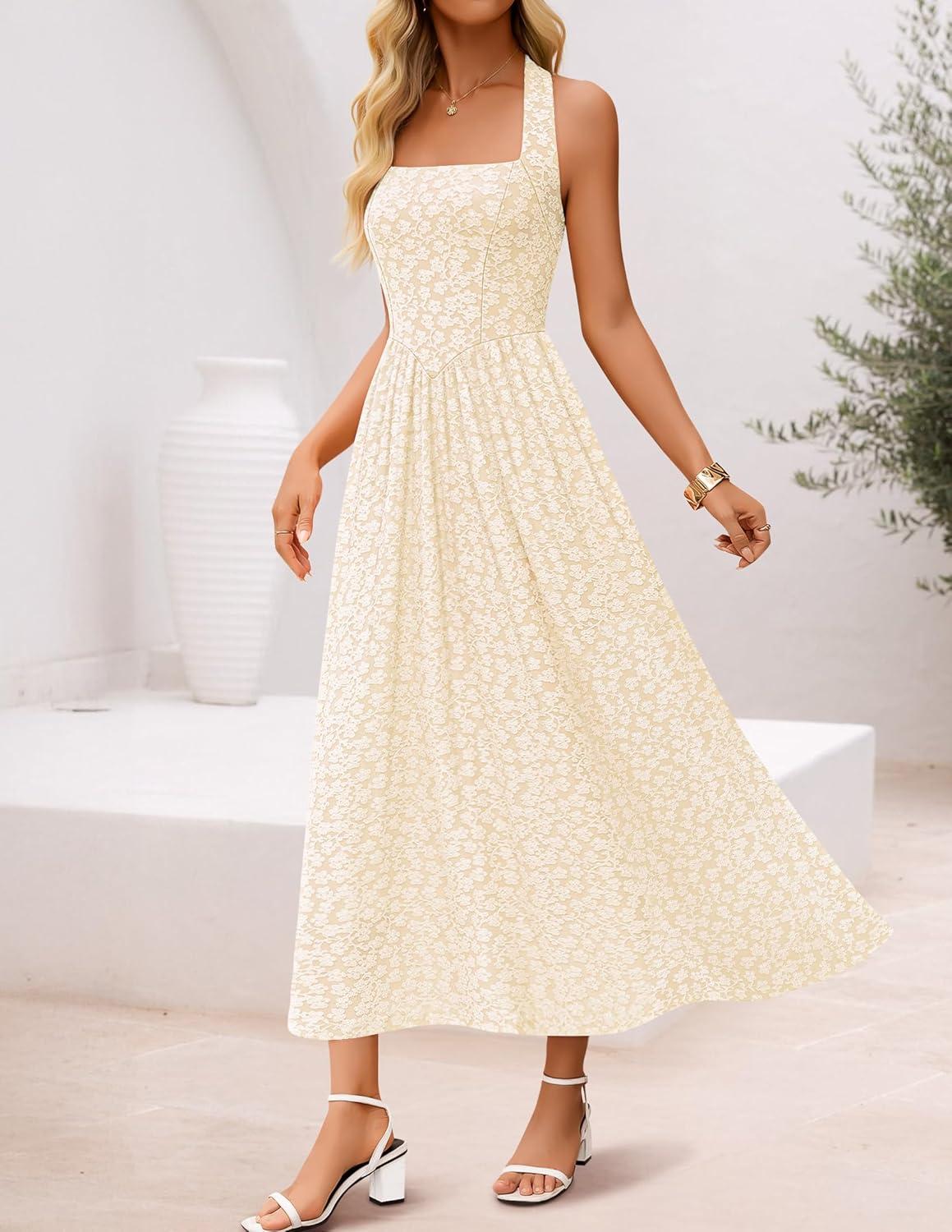 imageZESICA Womens Summer Sleeveless Floral Maxi Dresses 2026 Halter Neck Wedding Guest Cocktail Party Flowy A Line Long DressApricot