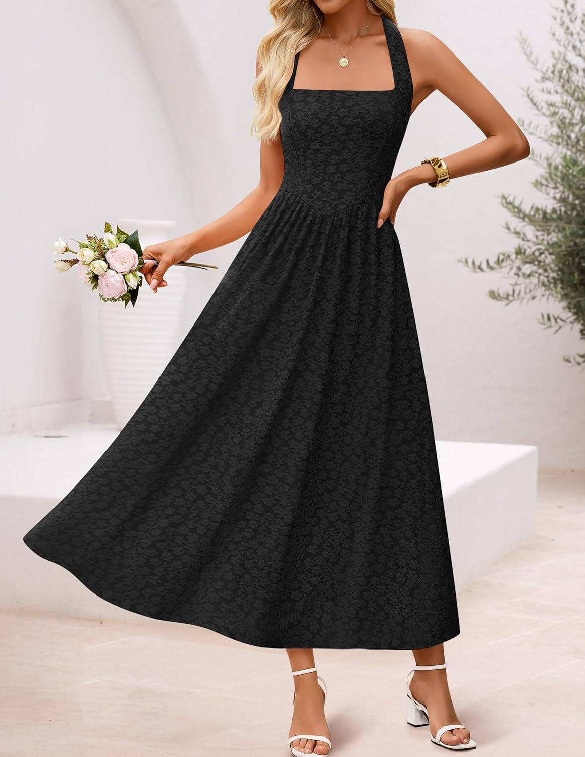 imageZESICA Womens Summer Sleeveless Floral Maxi Dresses 2026 Halter Neck Wedding Guest Cocktail Party Flowy A Line Long DressBlack
