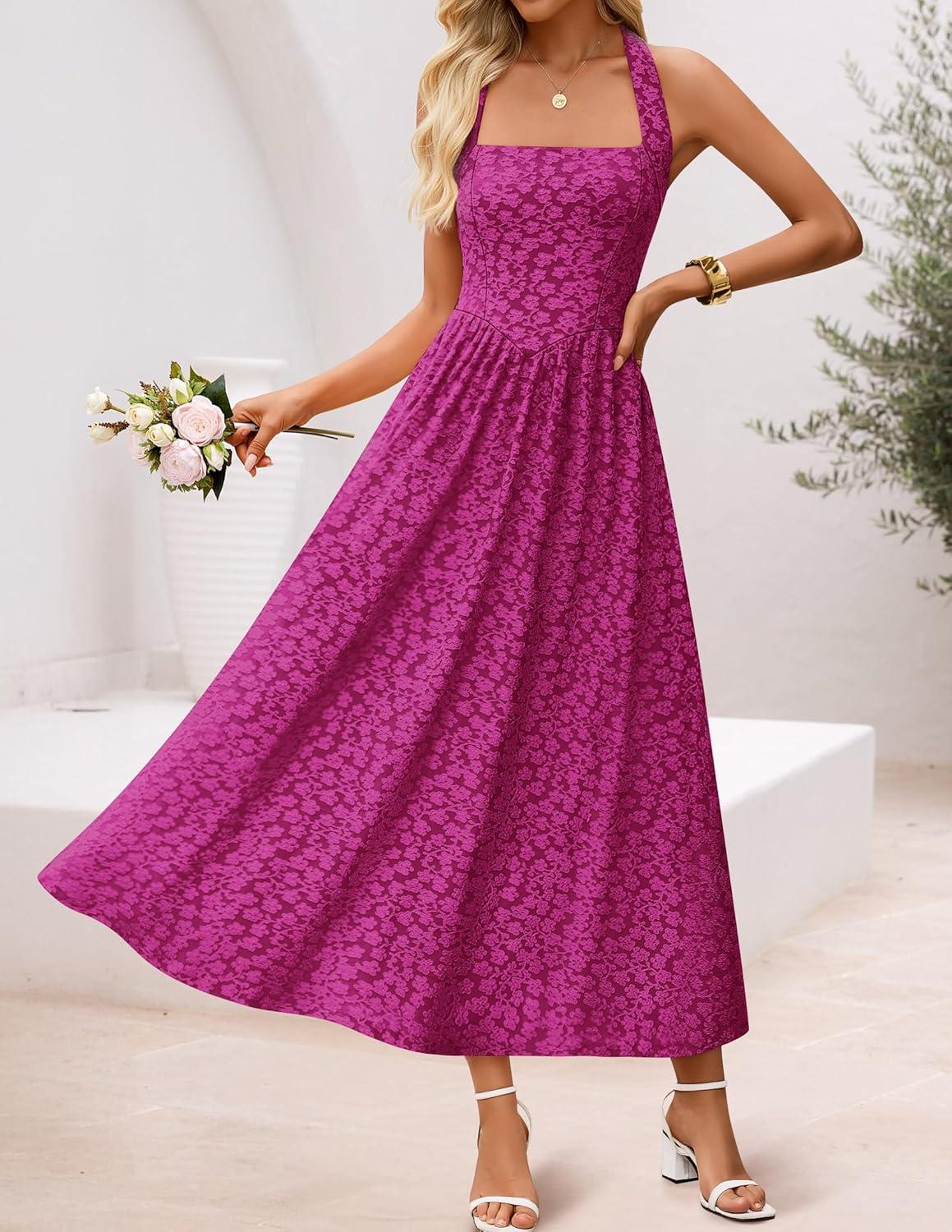 imageZESICA Womens Summer Sleeveless Floral Maxi Dresses 2026 Halter Neck Wedding Guest Cocktail Party Flowy A Line Long DressEggplant