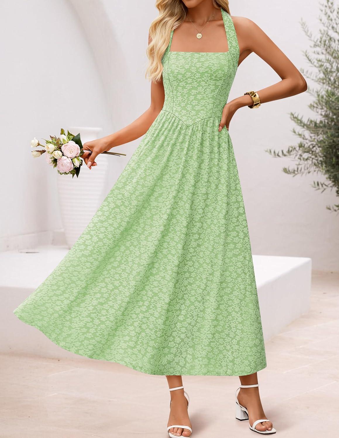 imageZESICA Womens Summer Sleeveless Floral Maxi Dresses 2026 Halter Neck Wedding Guest Cocktail Party Flowy A Line Long DressLightgreen