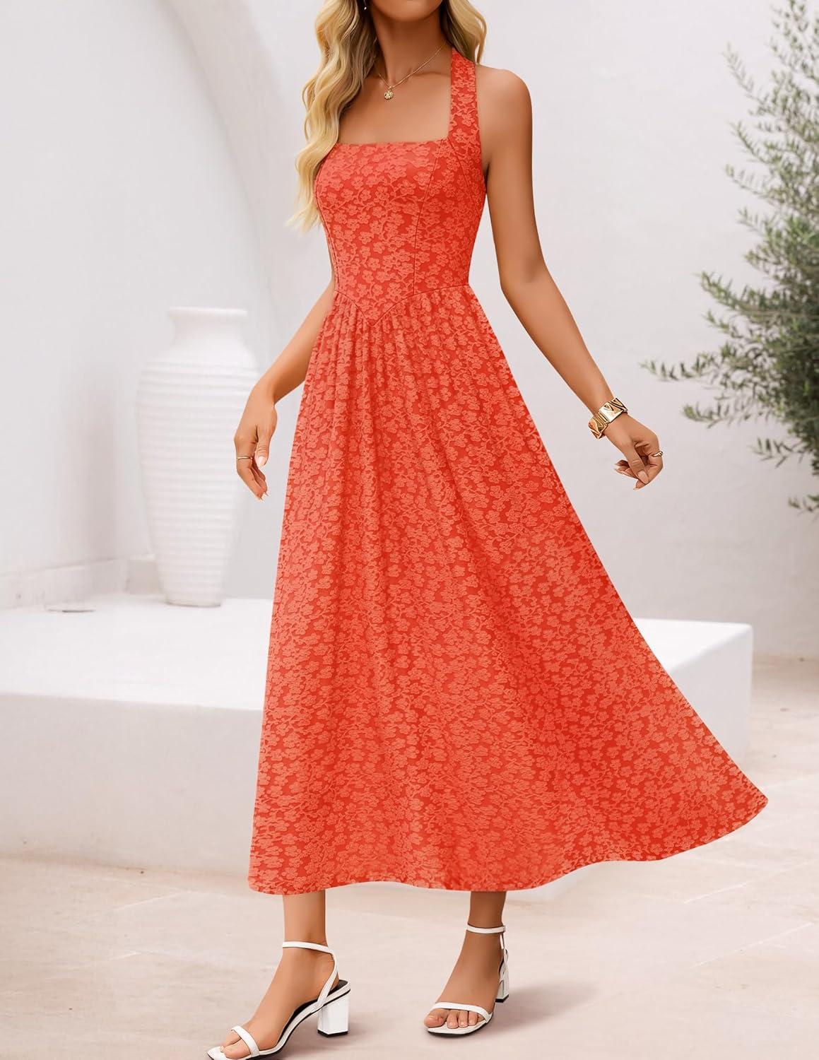 imageZESICA Womens Summer Sleeveless Floral Maxi Dresses 2026 Halter Neck Wedding Guest Cocktail Party Flowy A Line Long DressOrangered