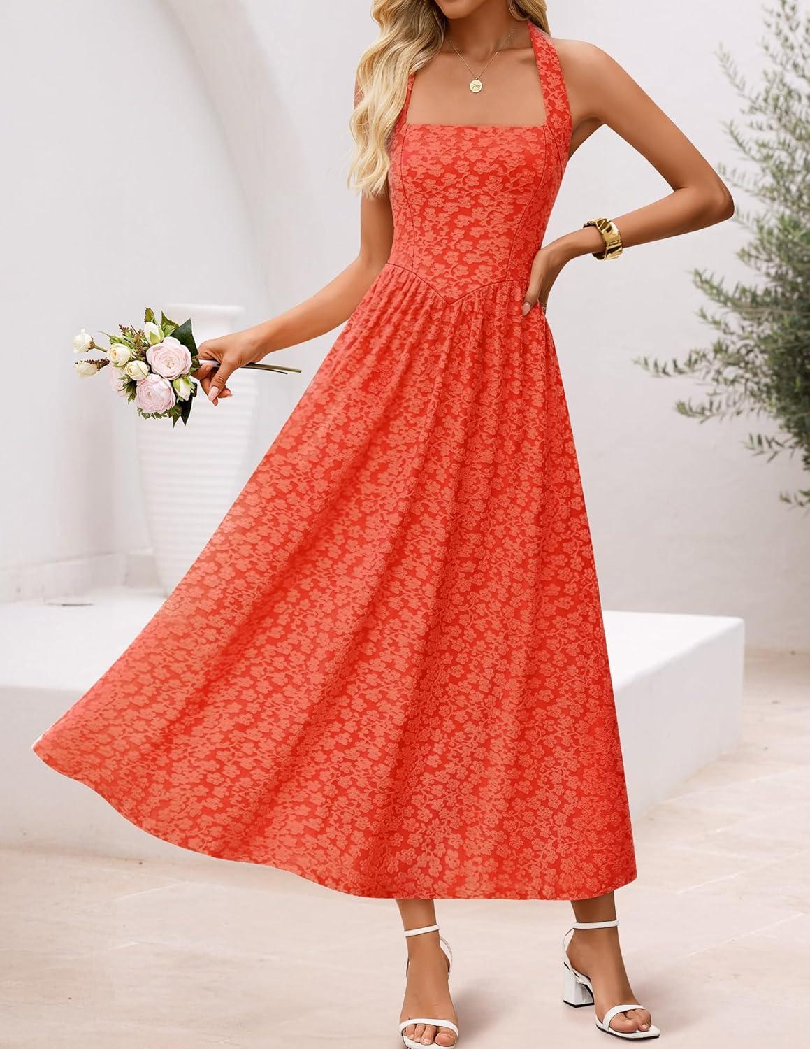 imageZESICA Womens Summer Sleeveless Floral Maxi Dresses 2026 Halter Neck Wedding Guest Cocktail Party Flowy A Line Long DressOrangered