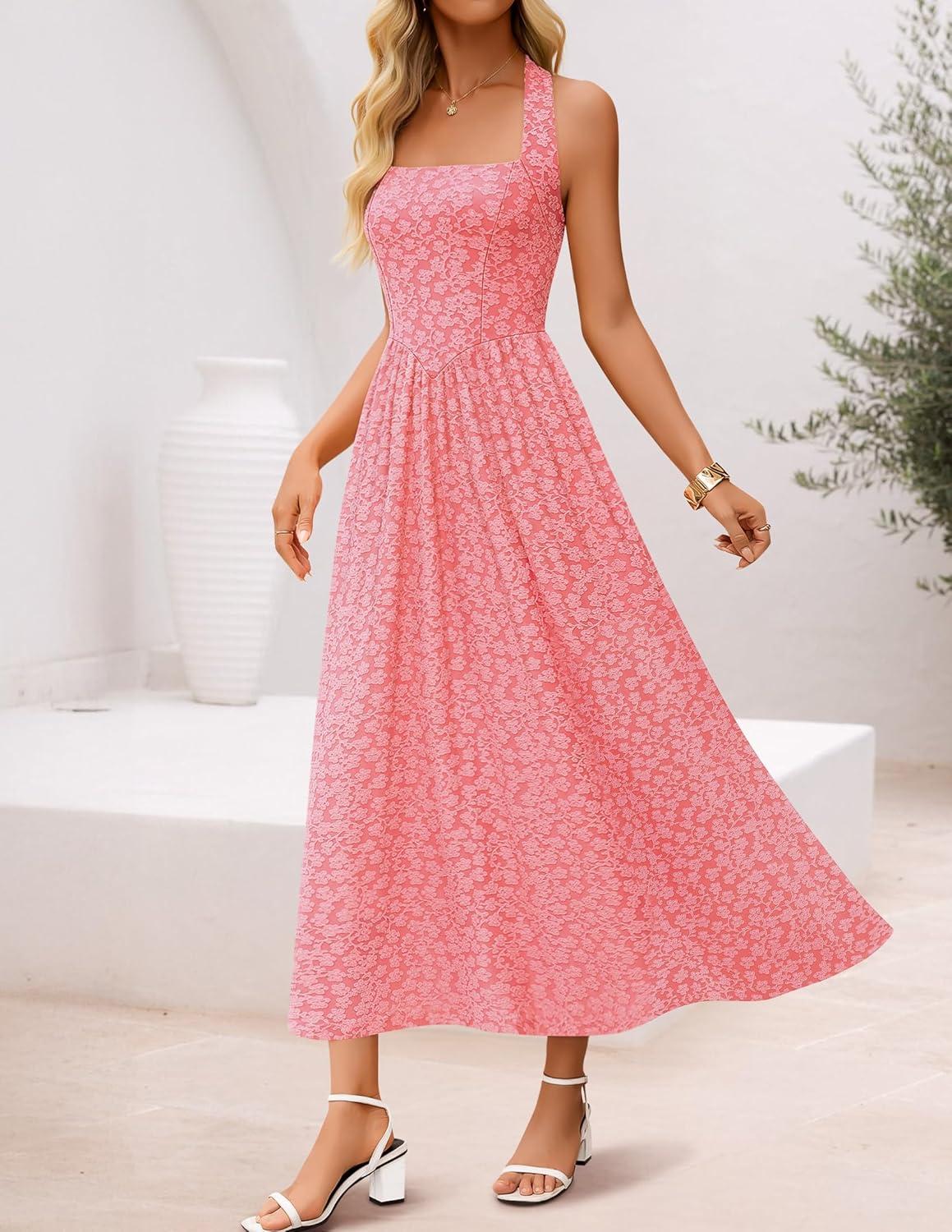 imageZESICA Womens Summer Sleeveless Floral Maxi Dresses 2026 Halter Neck Wedding Guest Cocktail Party Flowy A Line Long DressPink