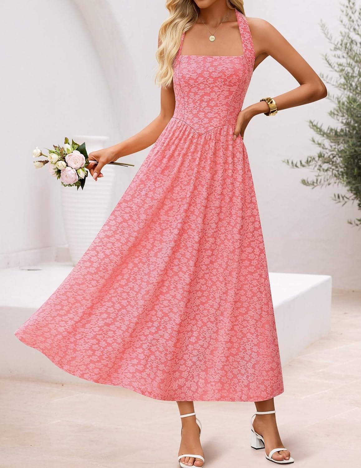 imageZESICA Womens Summer Sleeveless Floral Maxi Dresses 2026 Halter Neck Wedding Guest Cocktail Party Flowy A Line Long DressPink
