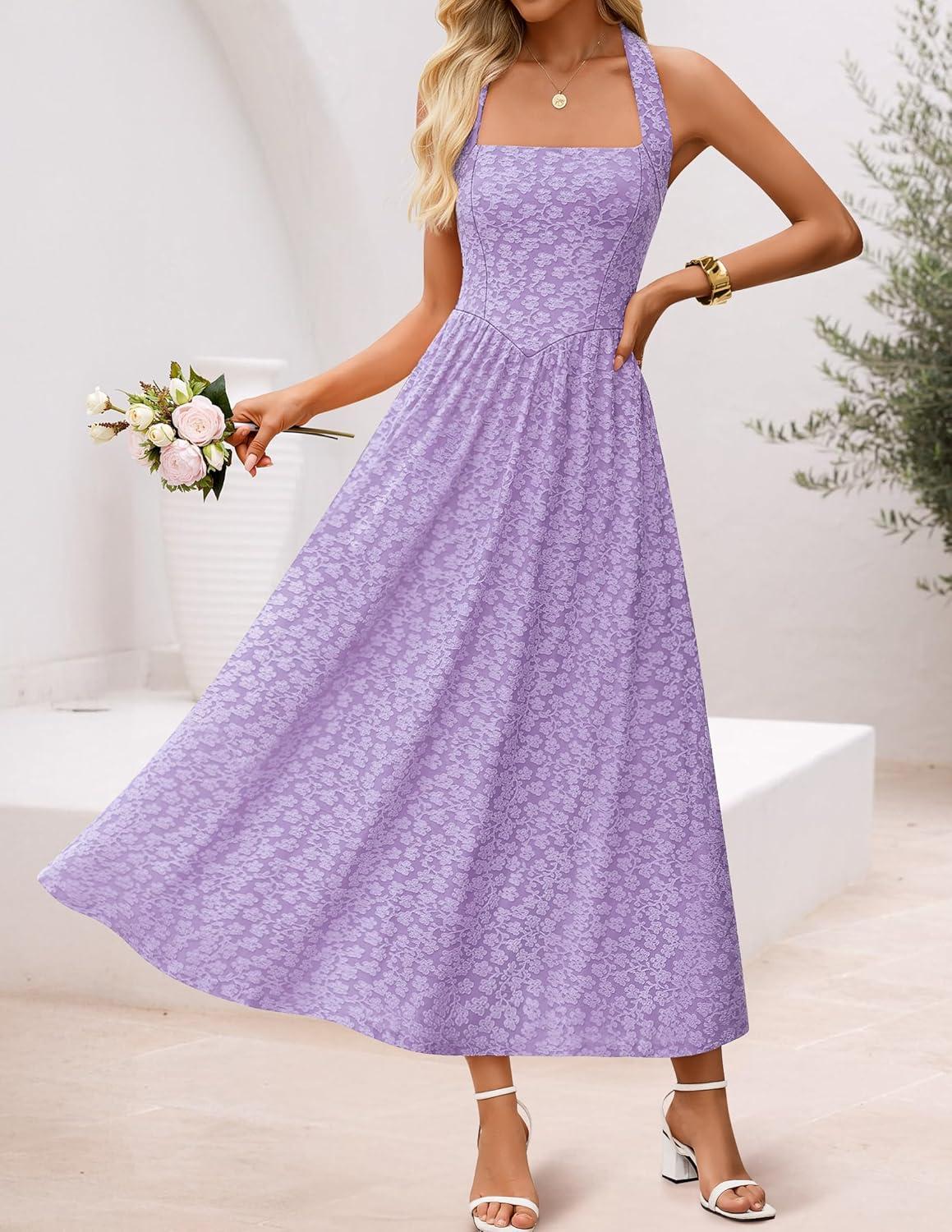 imageZESICA Womens Summer Sleeveless Floral Maxi Dresses 2026 Halter Neck Wedding Guest Cocktail Party Flowy A Line Long DressPurple