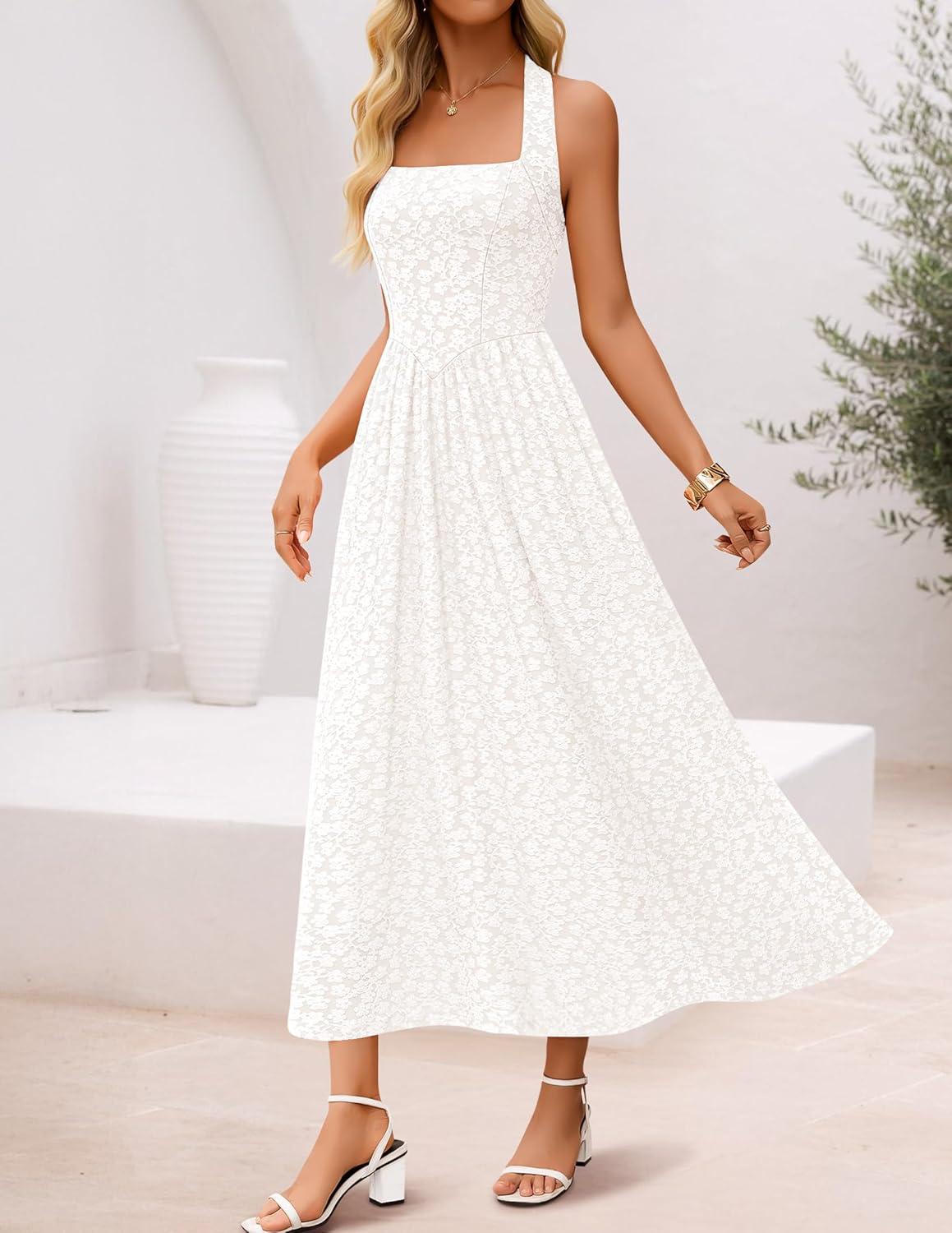 imageZESICA Womens Summer Sleeveless Floral Maxi Dresses 2026 Halter Neck Wedding Guest Cocktail Party Flowy A Line Long DressWhite