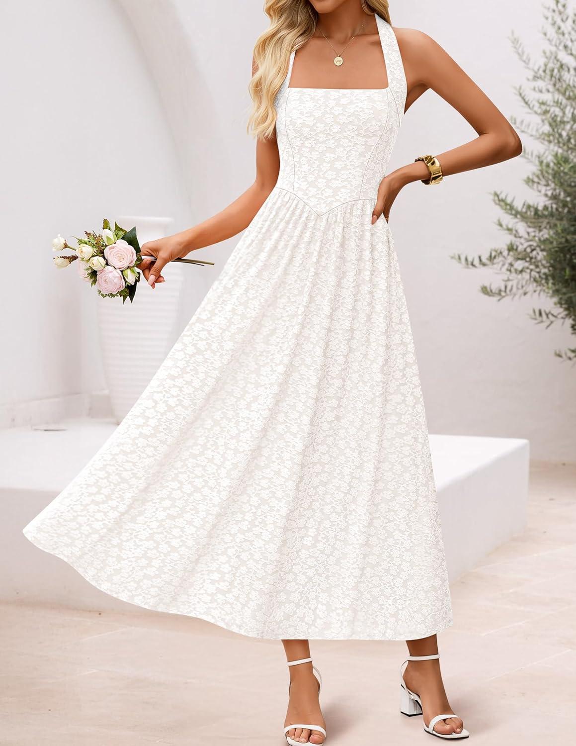 imageZESICA Womens Summer Sleeveless Floral Maxi Dresses 2026 Halter Neck Wedding Guest Cocktail Party Flowy A Line Long DressWhite