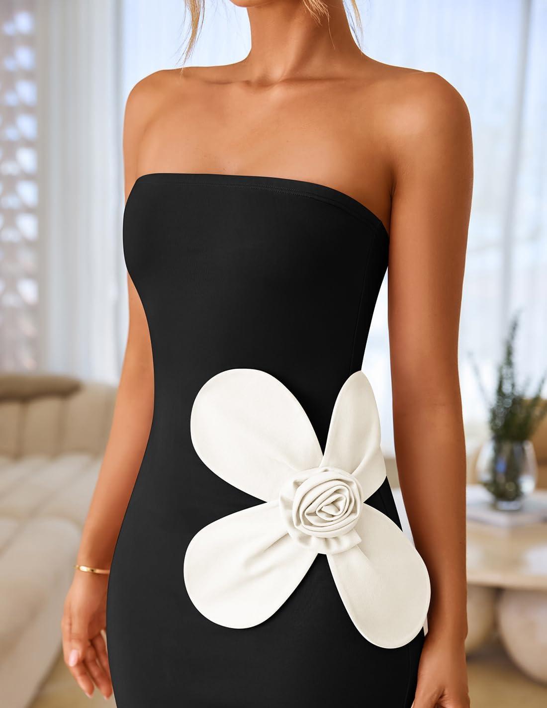 imageZESICA Womens Summer Strapless Bodycon Maxi Dress 2026 Ribbed Knit Backless Floral Tube Cocktail Party Long DressesBlack