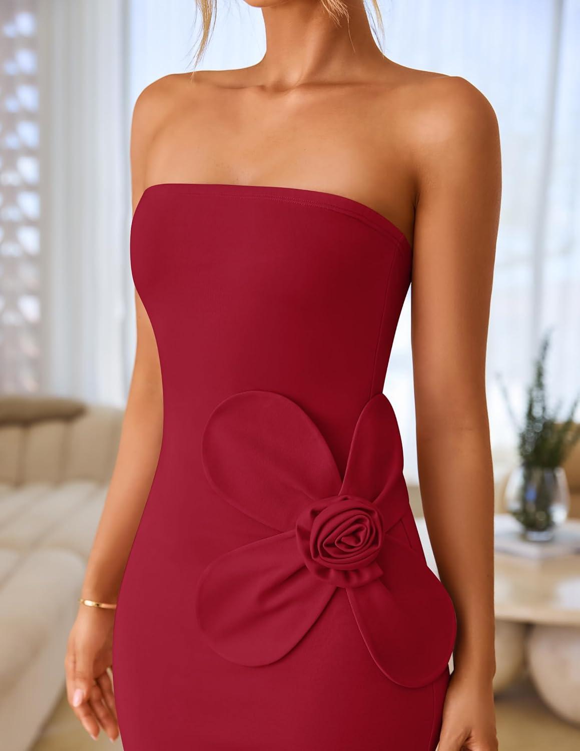 imageZESICA Womens Summer Strapless Bodycon Maxi Dress 2026 Ribbed Knit Backless Floral Tube Cocktail Party Long DressesDark Red